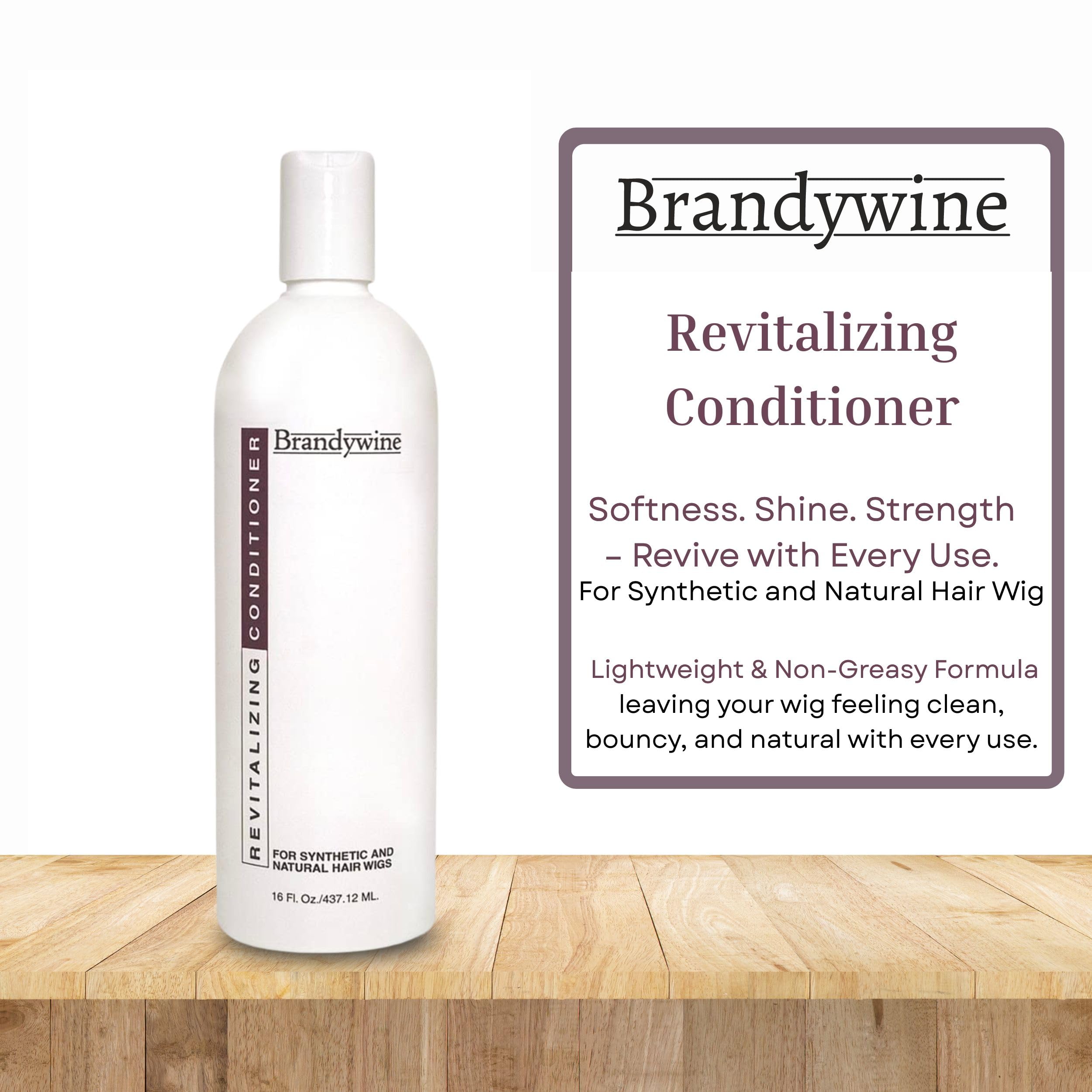 Brandywine Revitalizing Conditioner label highlights longevity benefits for synthetic and natural fibers