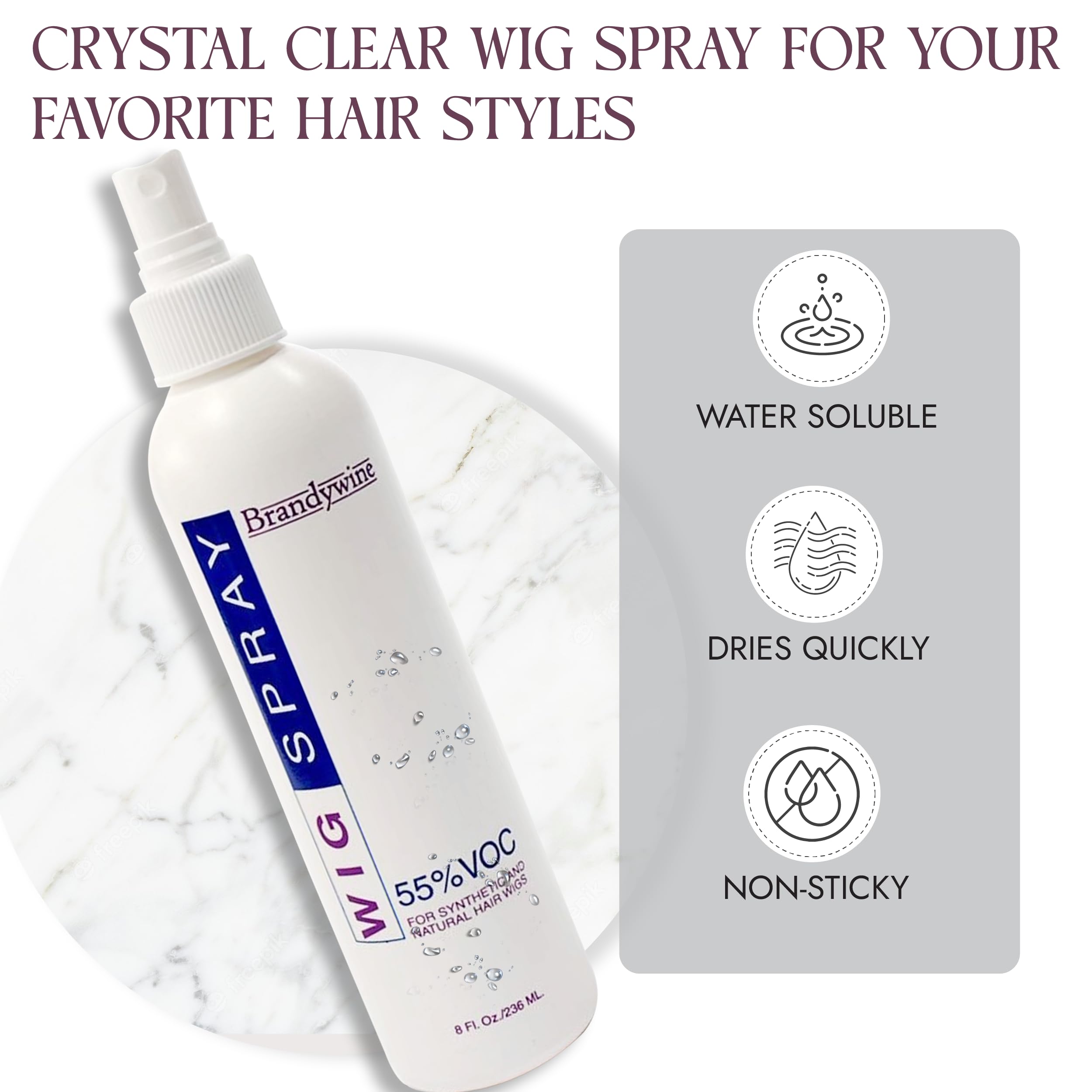 Brandywine wig spray controls frizz and tame flyaways.