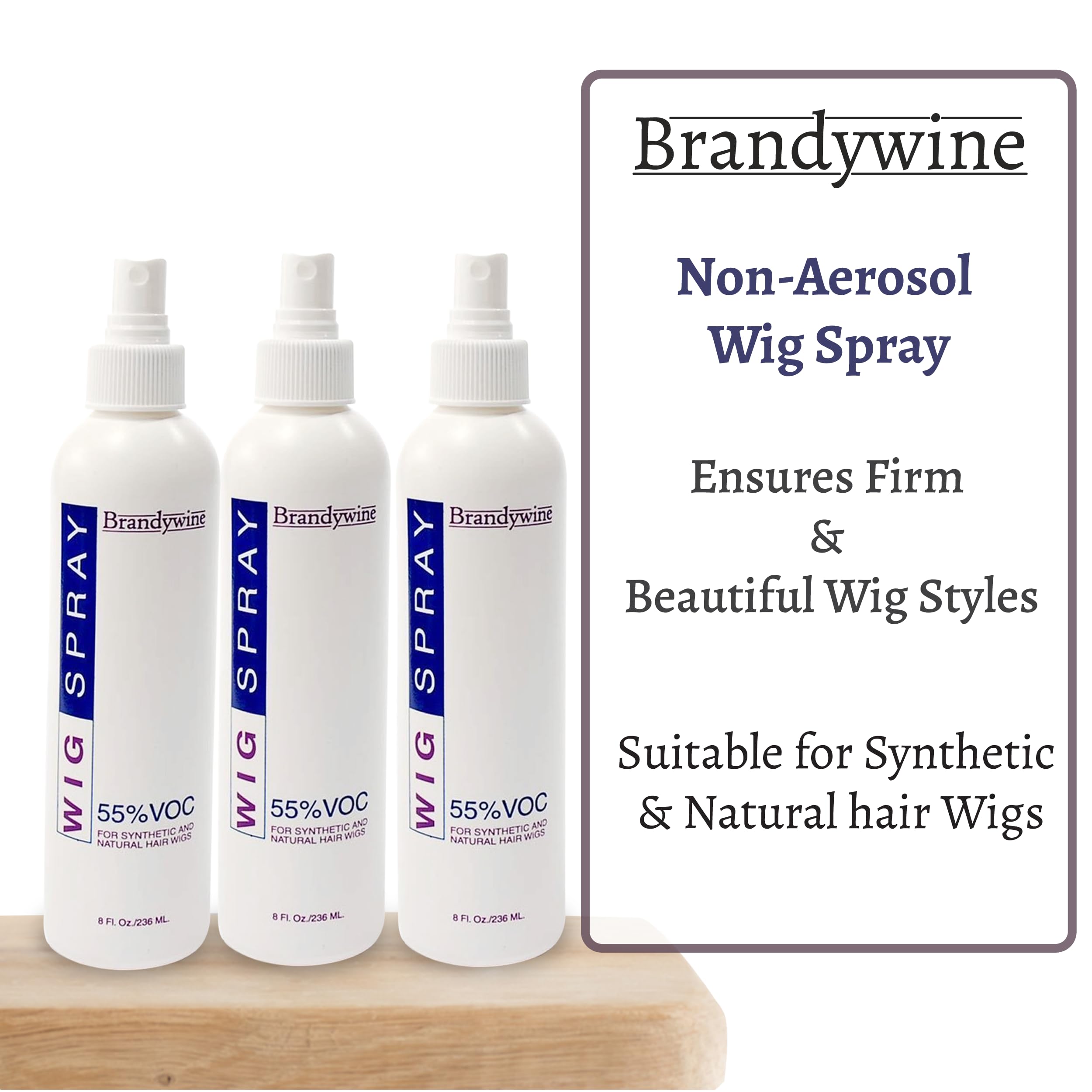 Brandywine wig spray bottle close-up shows easy daily refresh for synthetic and natural wigs.