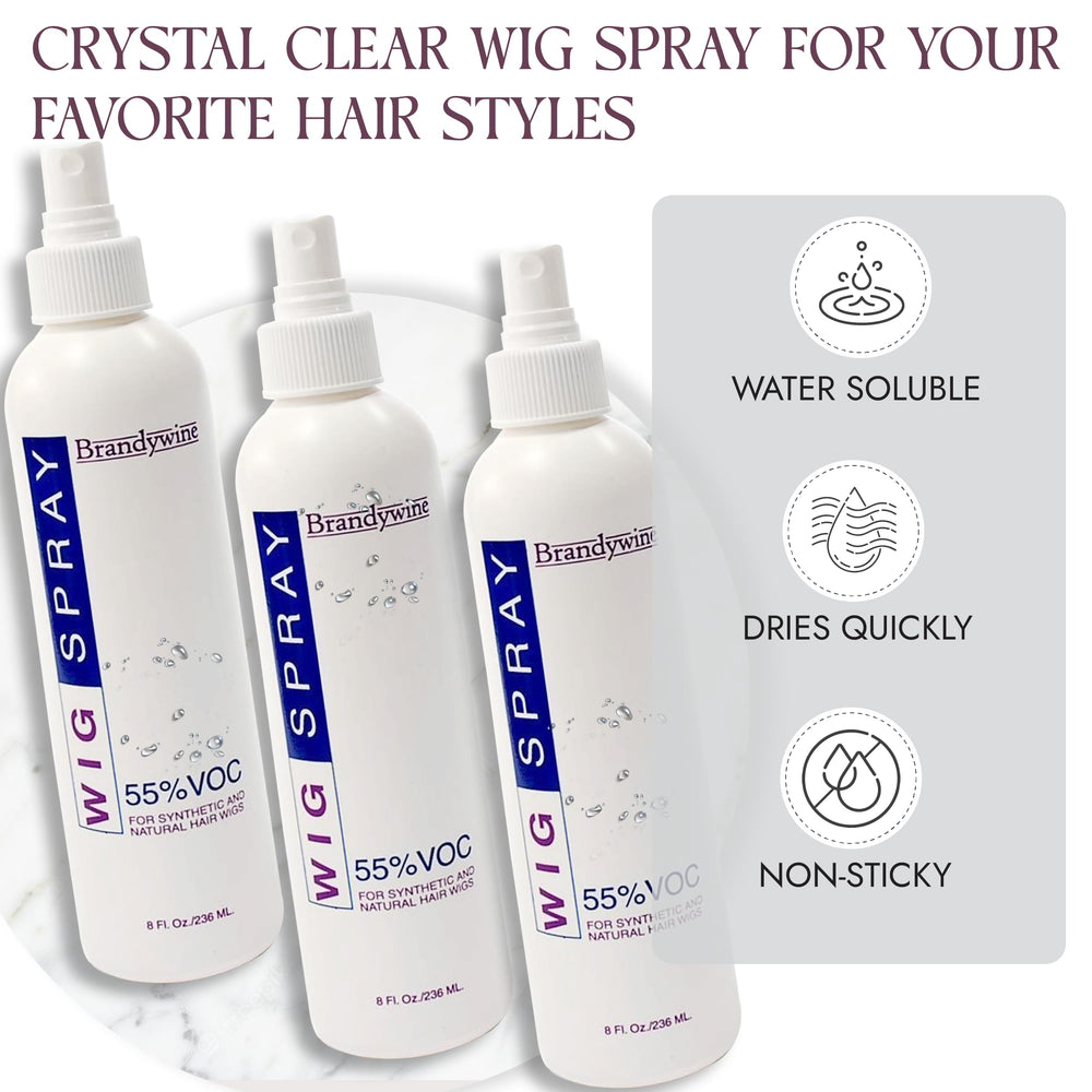 Brandywine wig spray close-up shows deodorize and refresh action on hairpieces.