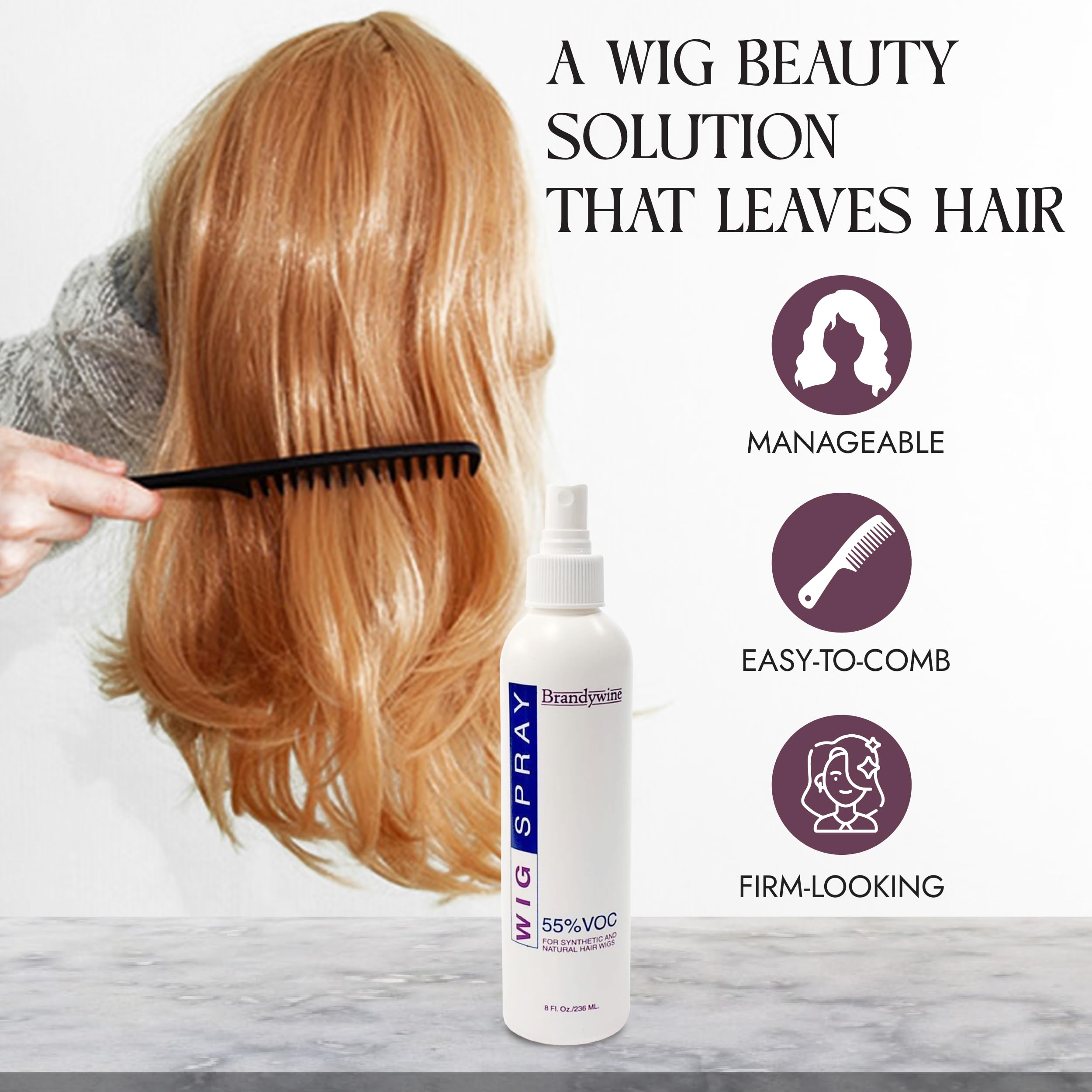 Brandywine wig spray on wig demonstrates refreshing, deodorizing, and flyaway-taming action.