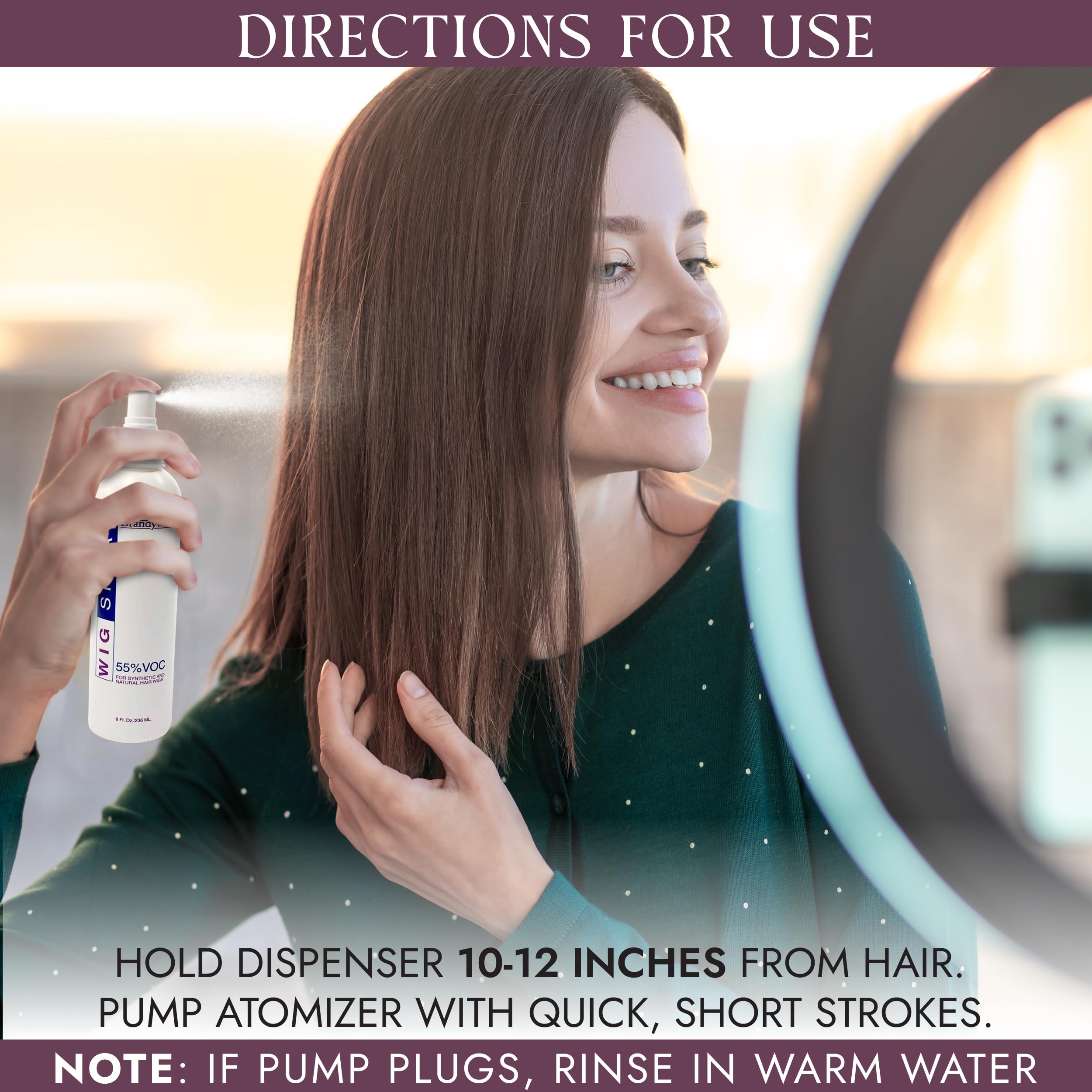 Brandywine wig spray demonstrates flyaway taming and smoothing on synthetic hair.