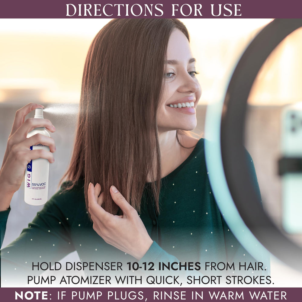 Brandywine wig spray demonstrates flyaway taming and smoothing on synthetic hair.