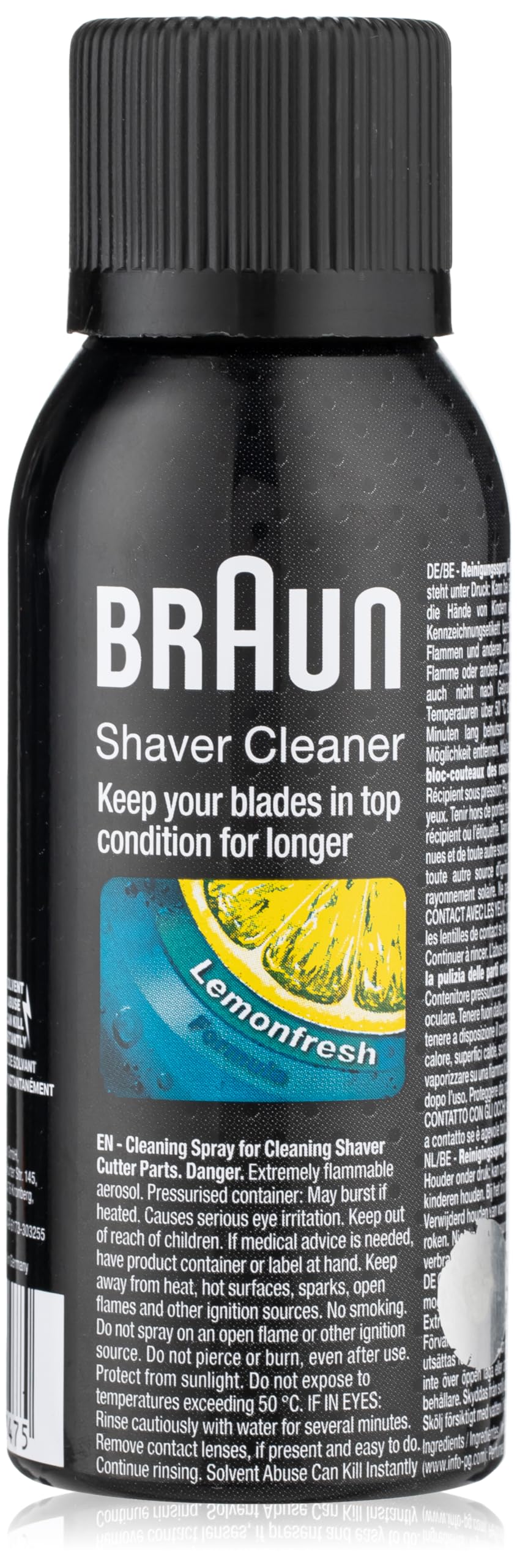 Braun 5002724 shaver cleaner spray bottle cleans shaver cutters for smoother operation.