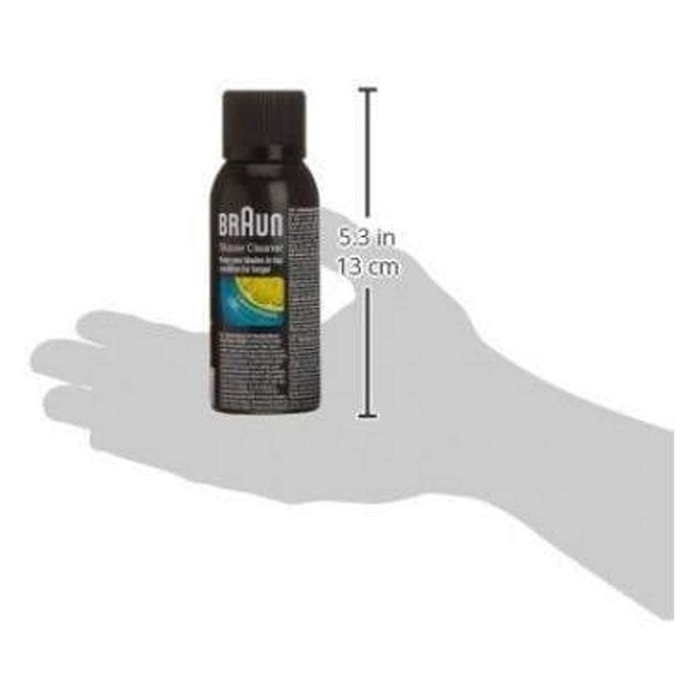Braun 5002724 shaver cleaner spray label shows safe, easy-use application.