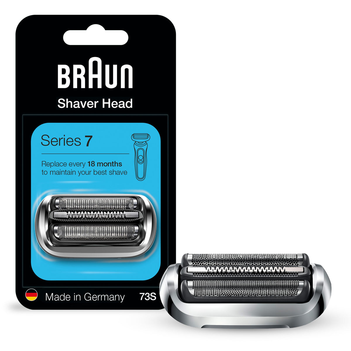 Braun 73s replacement head close-up highlighting precision blades for a smoother shave.