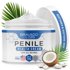 Bravado Labs Premium Penile Health Creme bottle for daily moisturization of sensitive skin.