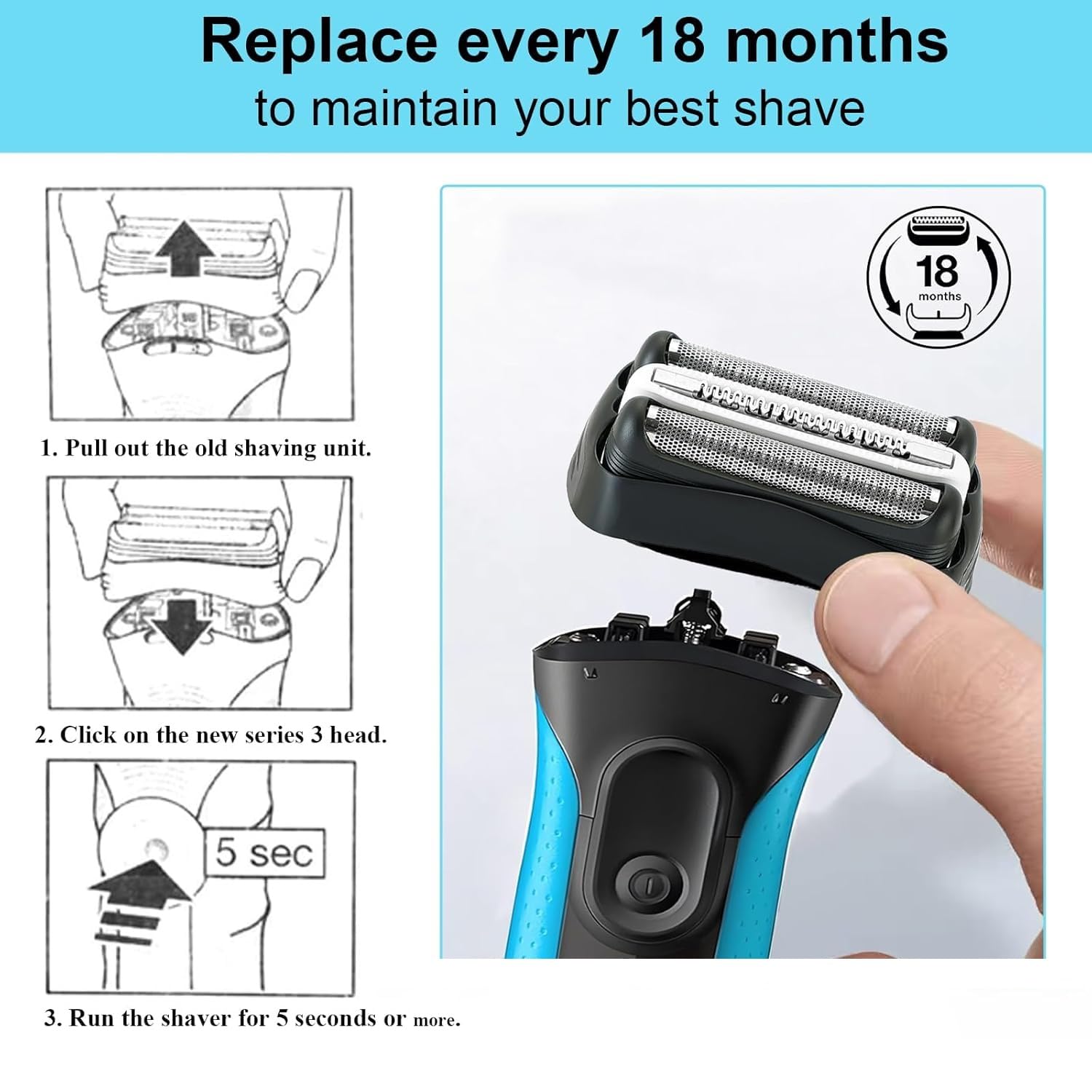 BRAVIKERLY Series 3 32B replacement head—compatible with multiple S3 models for flexible shaving.