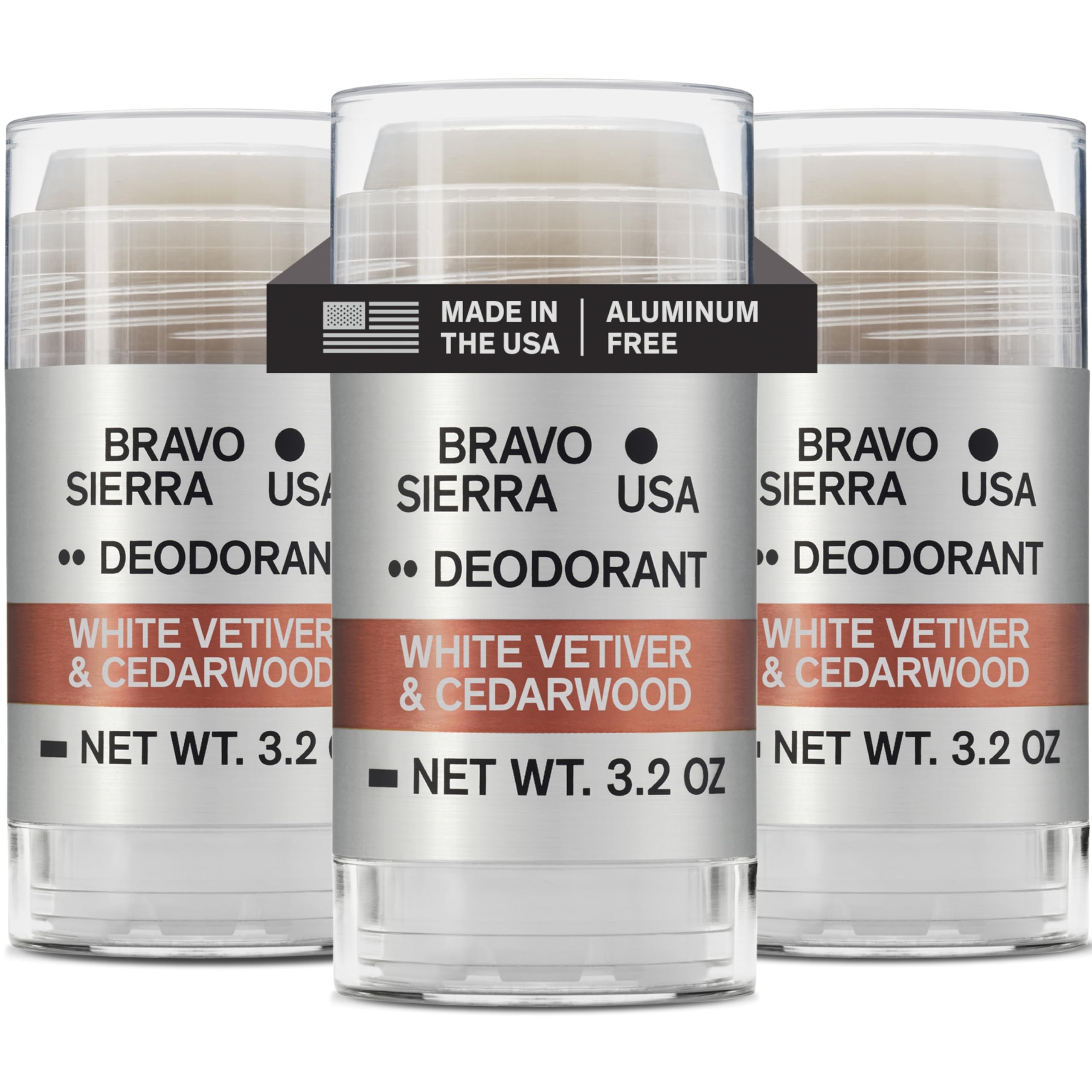Bravo Sierra aluminum-free deodorant 3-pack packaging for all-day freshness.