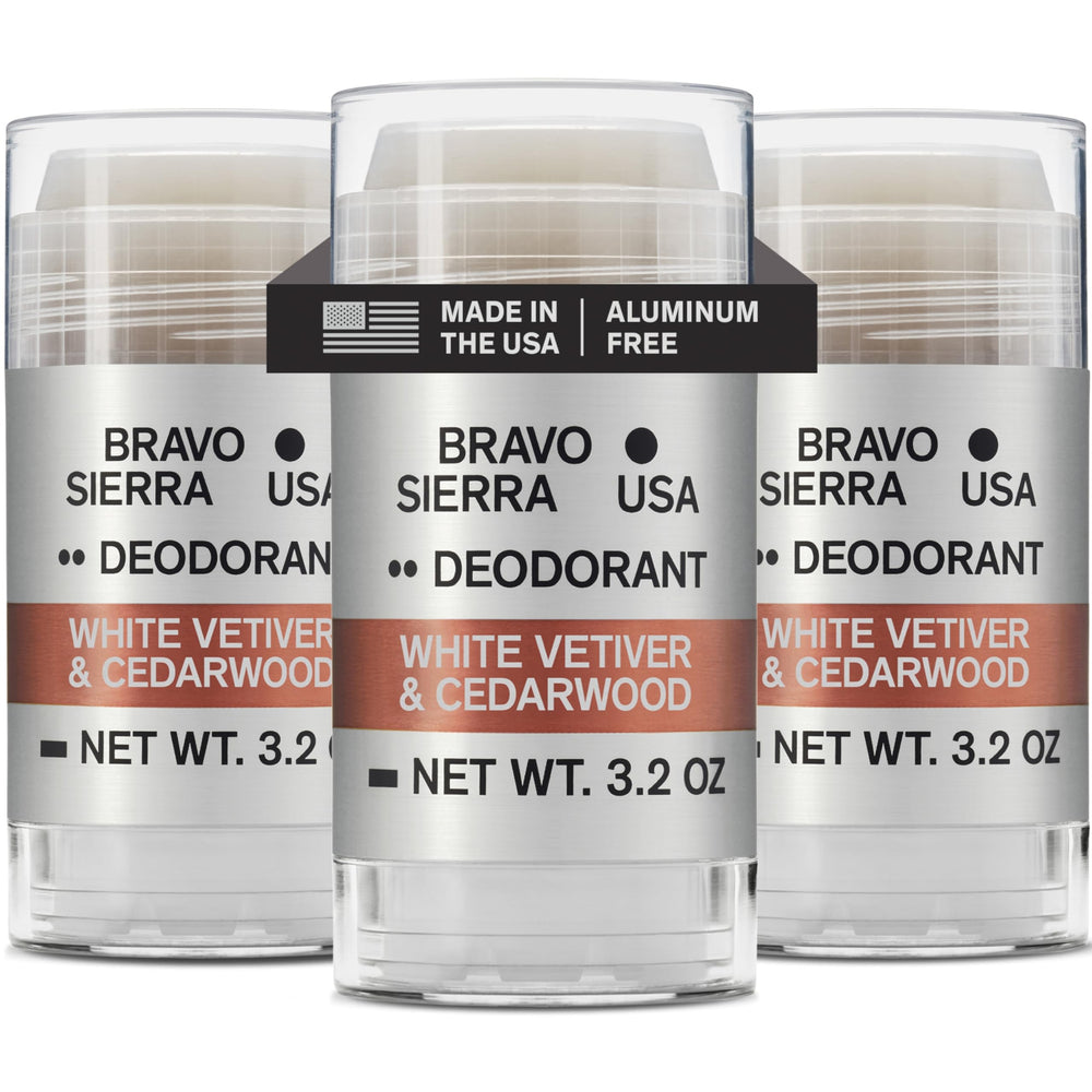 Bravo Sierra aluminum-free deodorant 3-pack packaging for all-day freshness.