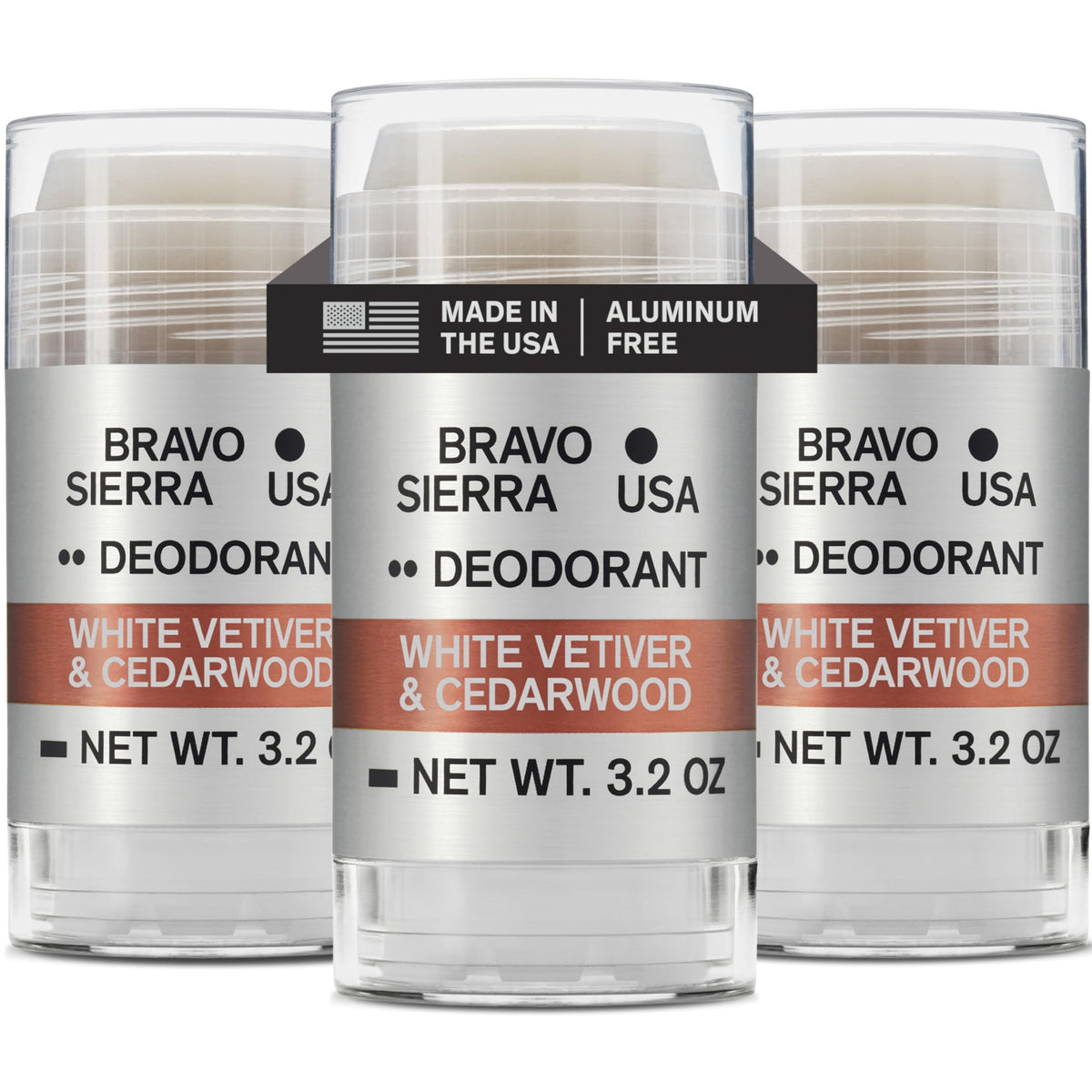Bravo Sierra aluminum-free deodorant 3-pack packaging for all-day freshness.