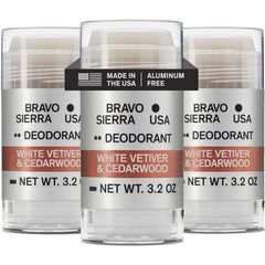 Bravo Sierra aluminum-free deodorant 3-pack packaging for all-day freshness.