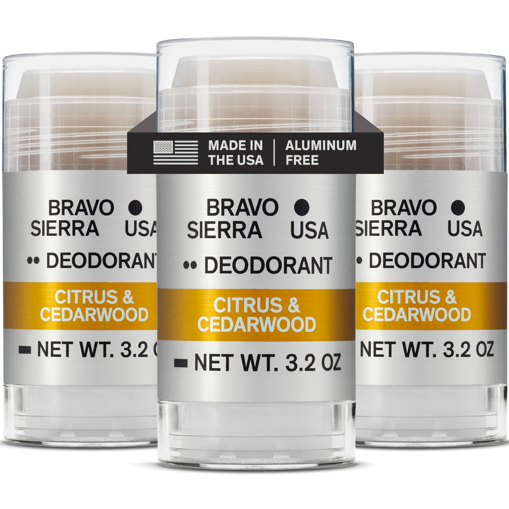 Bravo Sierra aluminum-free deodorant 3-pack display with all-day protection.