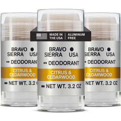 Bravo Sierra aluminum-free deodorant 3-pack display with all-day protection.