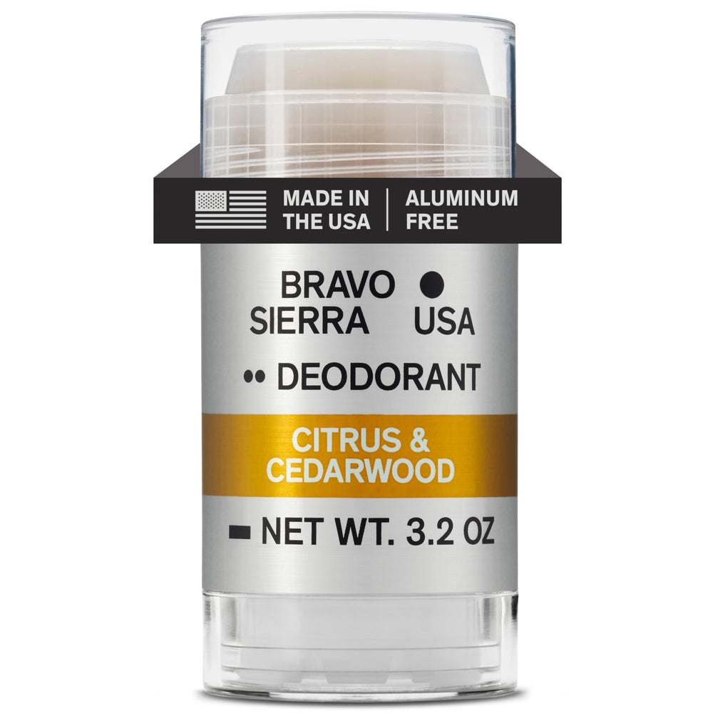 Bravo Sierra aluminum-free deodorant bottle front shows long-lasting odor protection