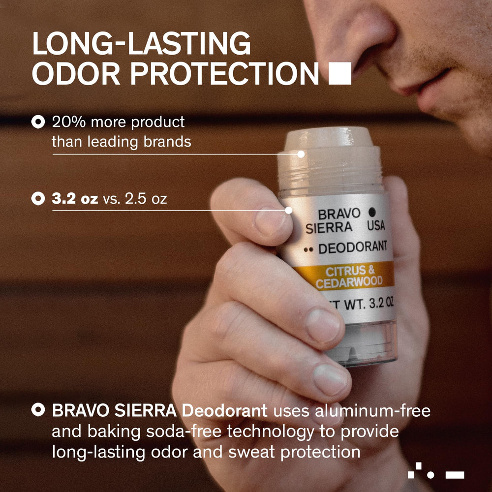 Bravo Sierra citrus-cedarwood bottle shows invigorating scent and sweat defense.