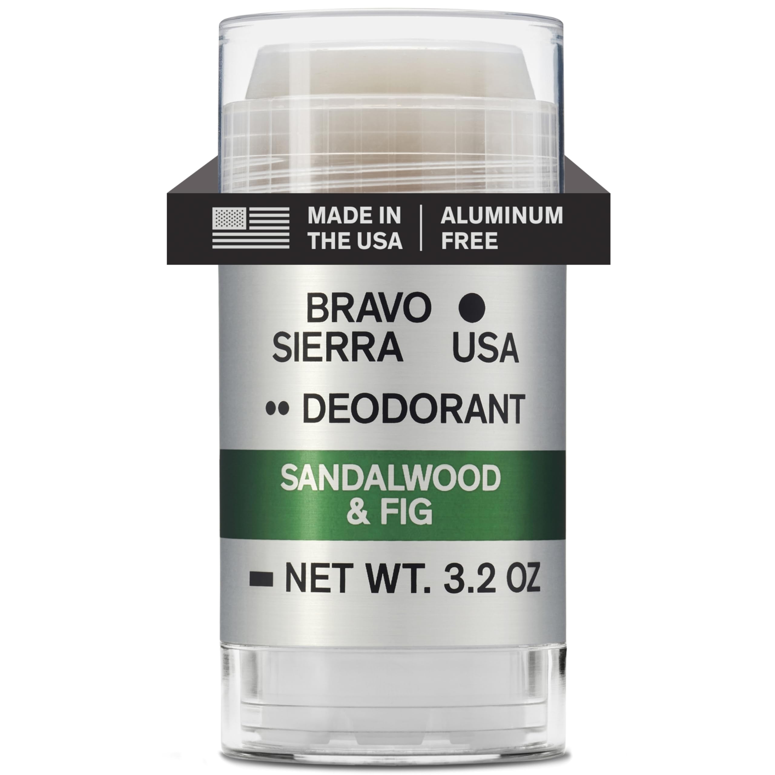 Bravo Sierra deodorant bottle front with sandalwood-fig scent for daily freshness.