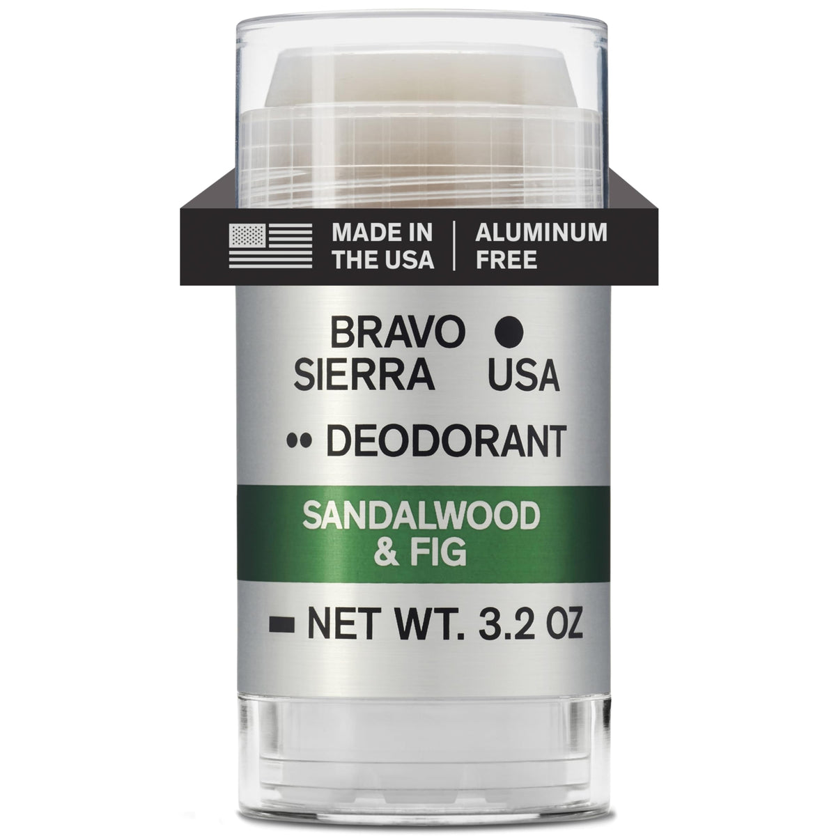 Bravo Sierra deodorant bottle front with sandalwood-fig scent for daily freshness.