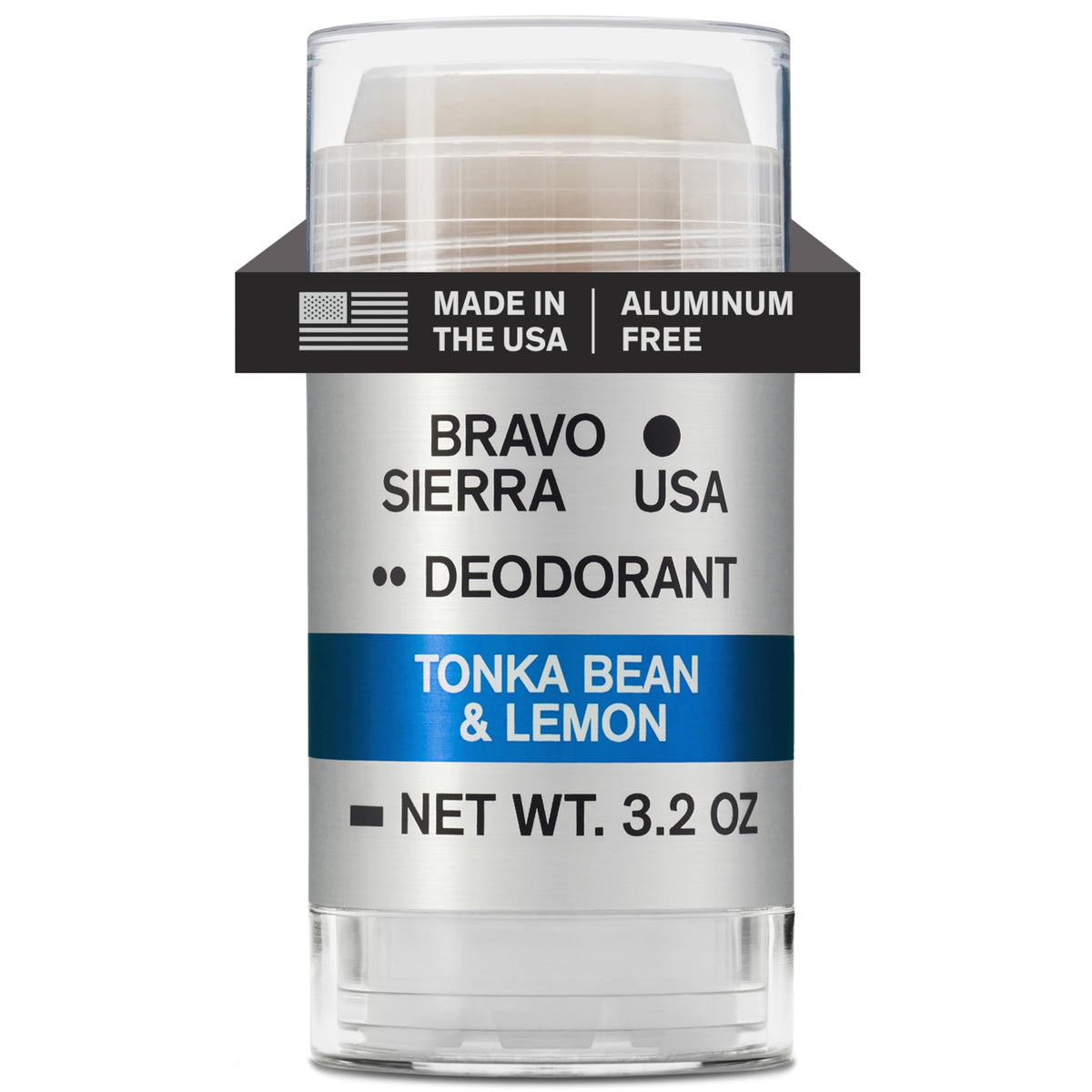 Bravo Sierra deodorant packaging highlights aluminum-free formula for everyday protection.