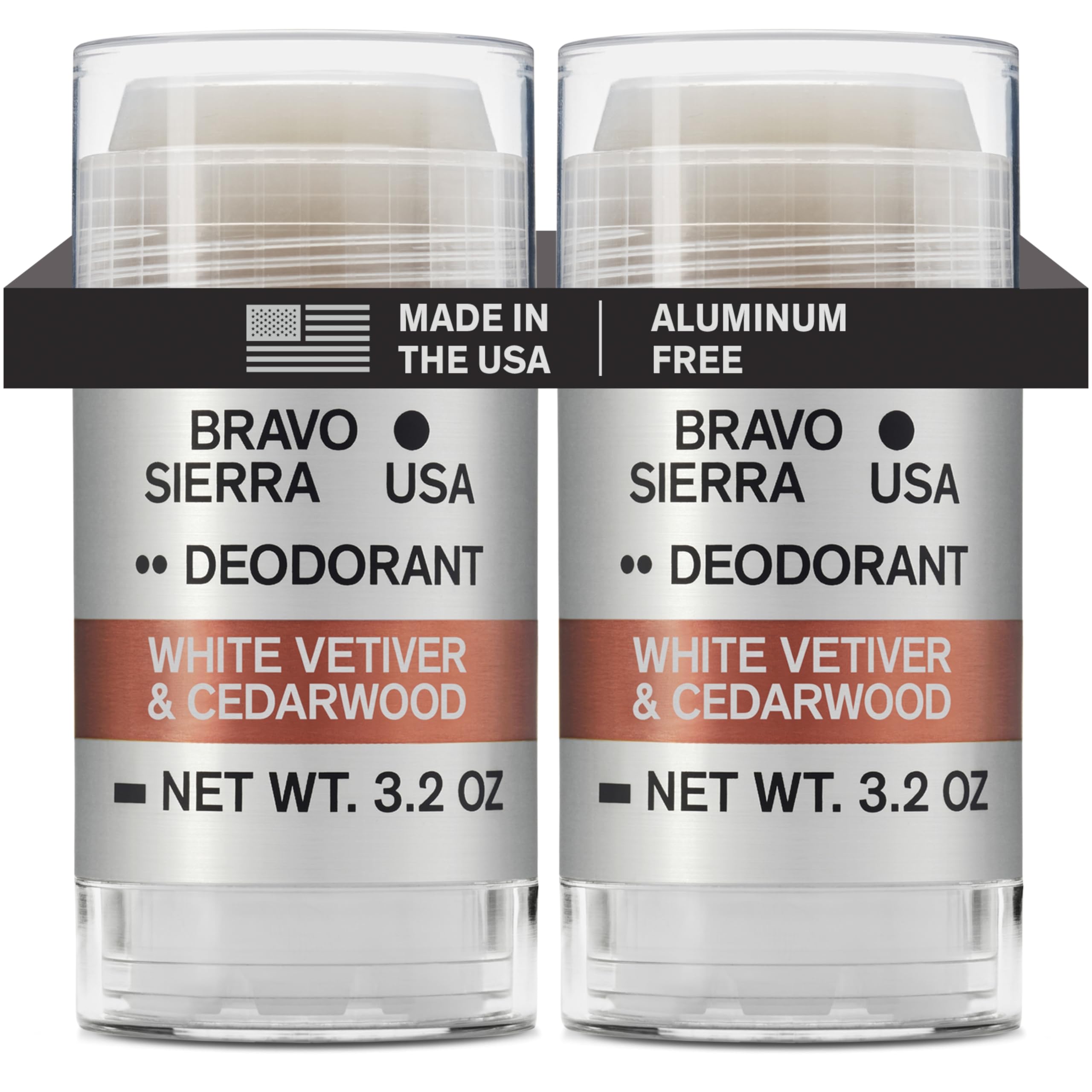 Bravo Sierra deodorant two-pack packaging shows aluminum-free design for protection