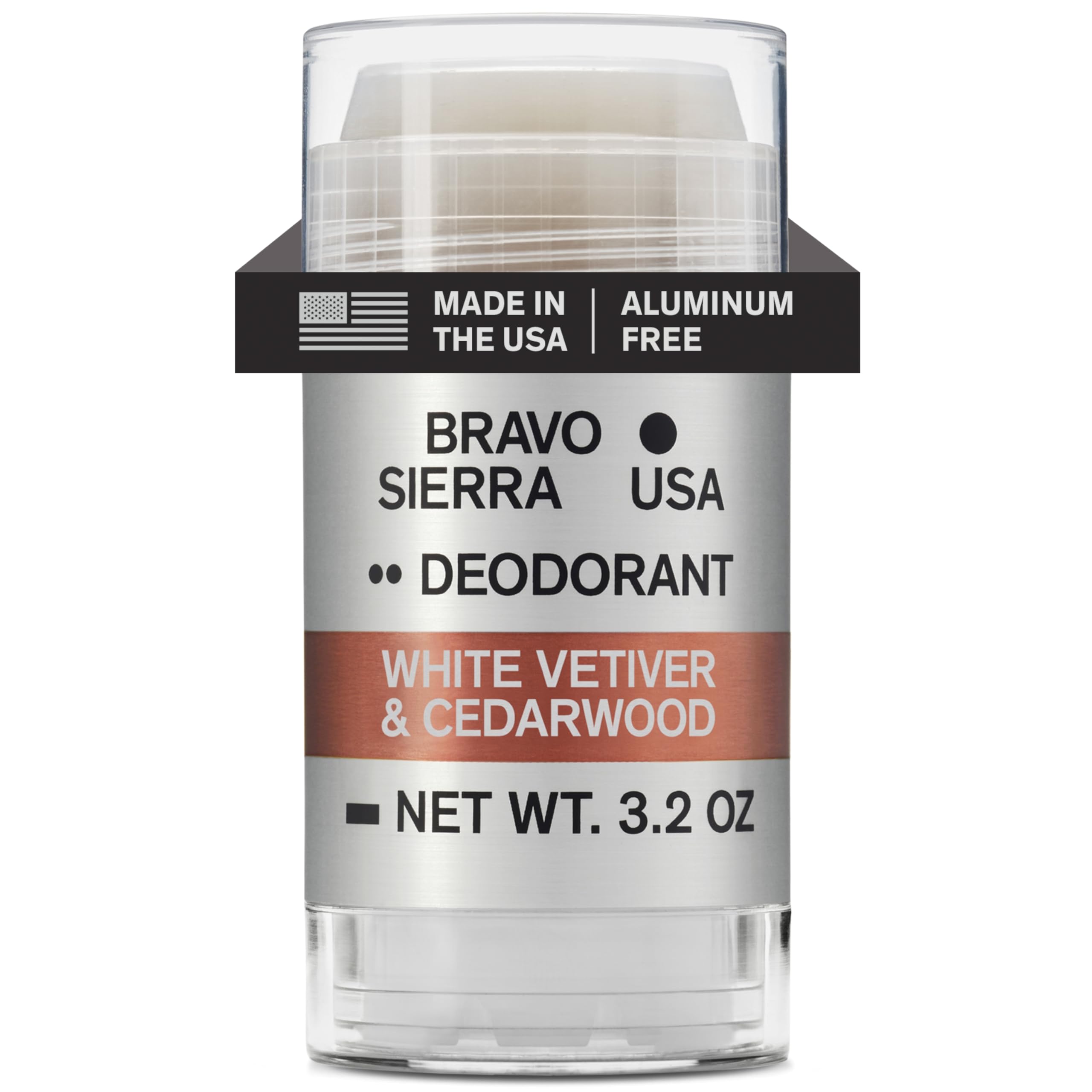 Bravo Sierra aluminum-free deodorant bottle with White Vetiver & Cedarwood scent for long-lasting protection