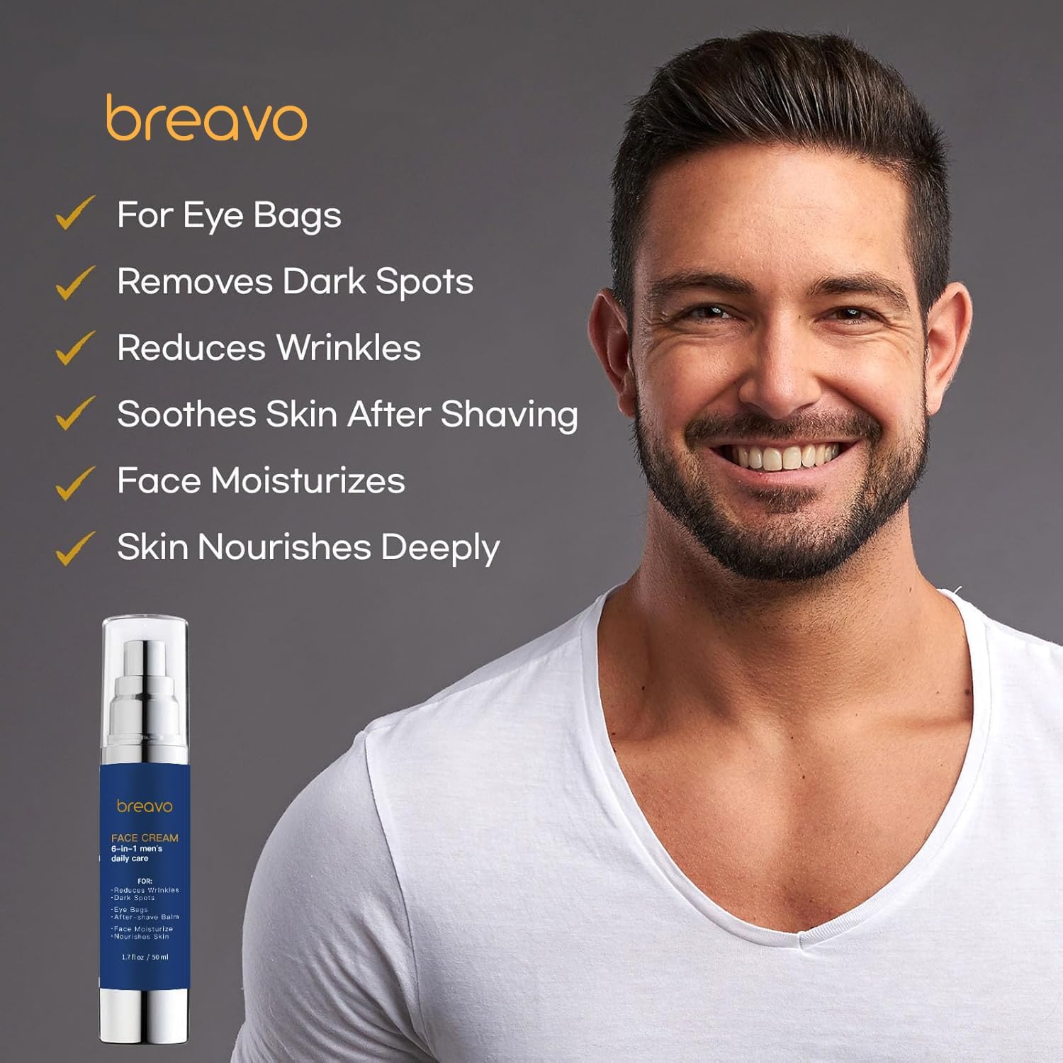 Breavo 6-in-1 face cream application pump showing easy daily use for men.