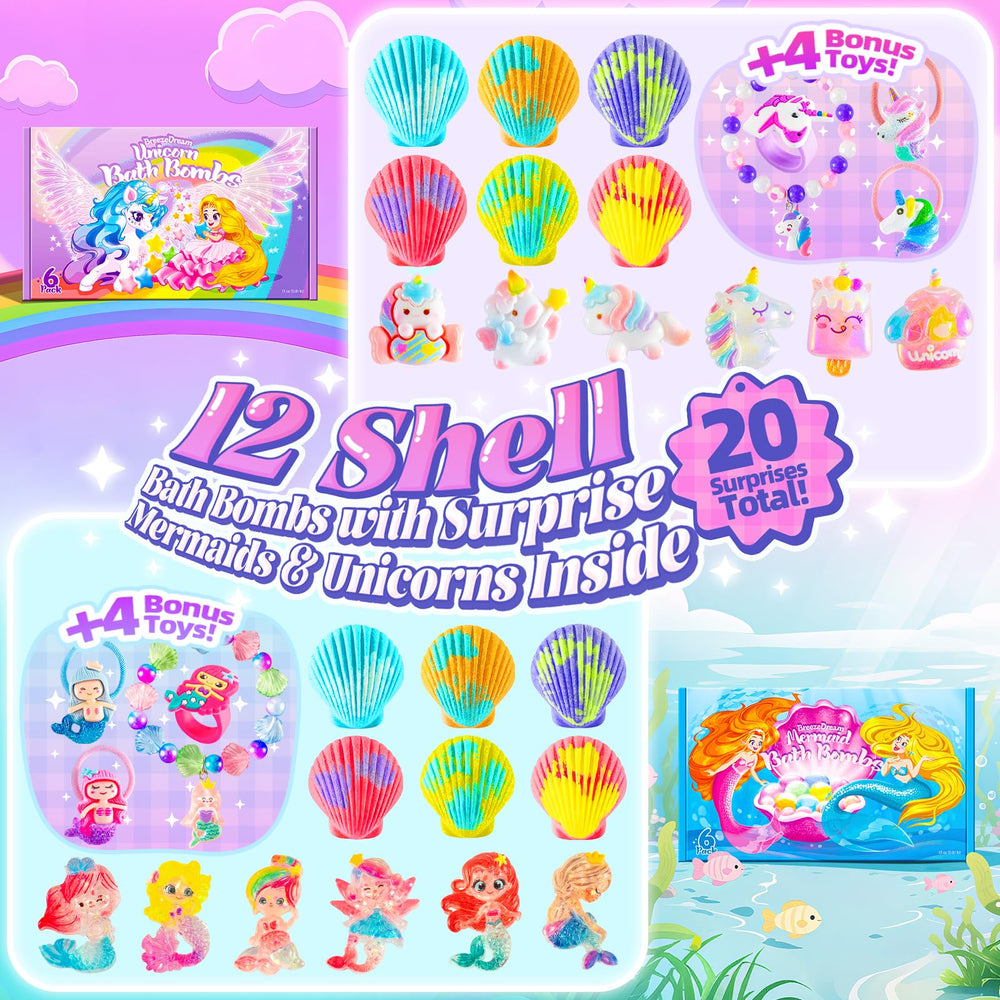BreezeDream Shell Bath Bombs Unicorn Box features vibrant toys and scents for festive tub play.