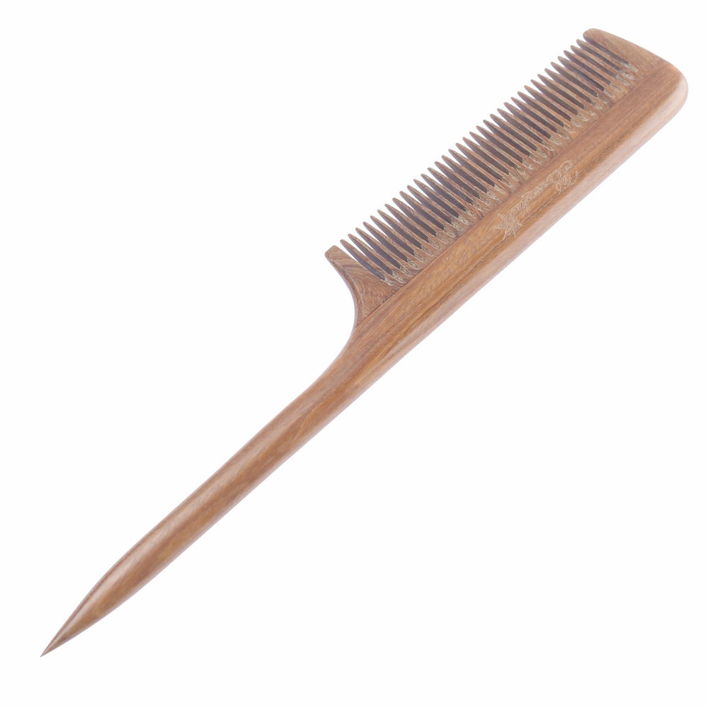 Breezelike sandalwood comb scalp-massage use demonstrating tension relief and oil distribution.