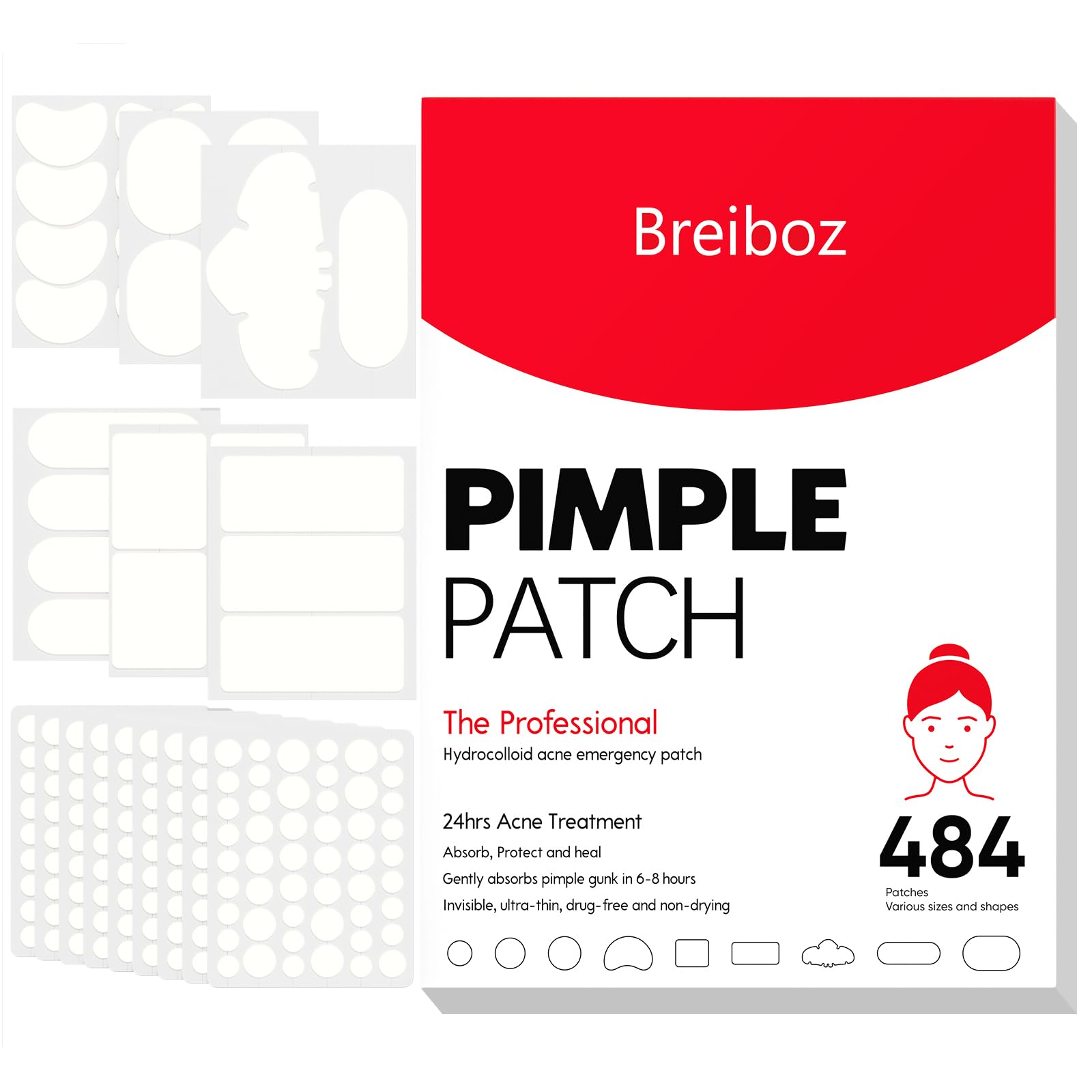 Breiboz large pimple patches full-face packaging shows travel-friendly, easy-to-apply design.
