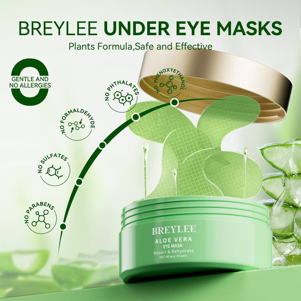 BREYLEE Aloe Vera Eye Masks under-eye patch application demonstrates easy use for busy mornings