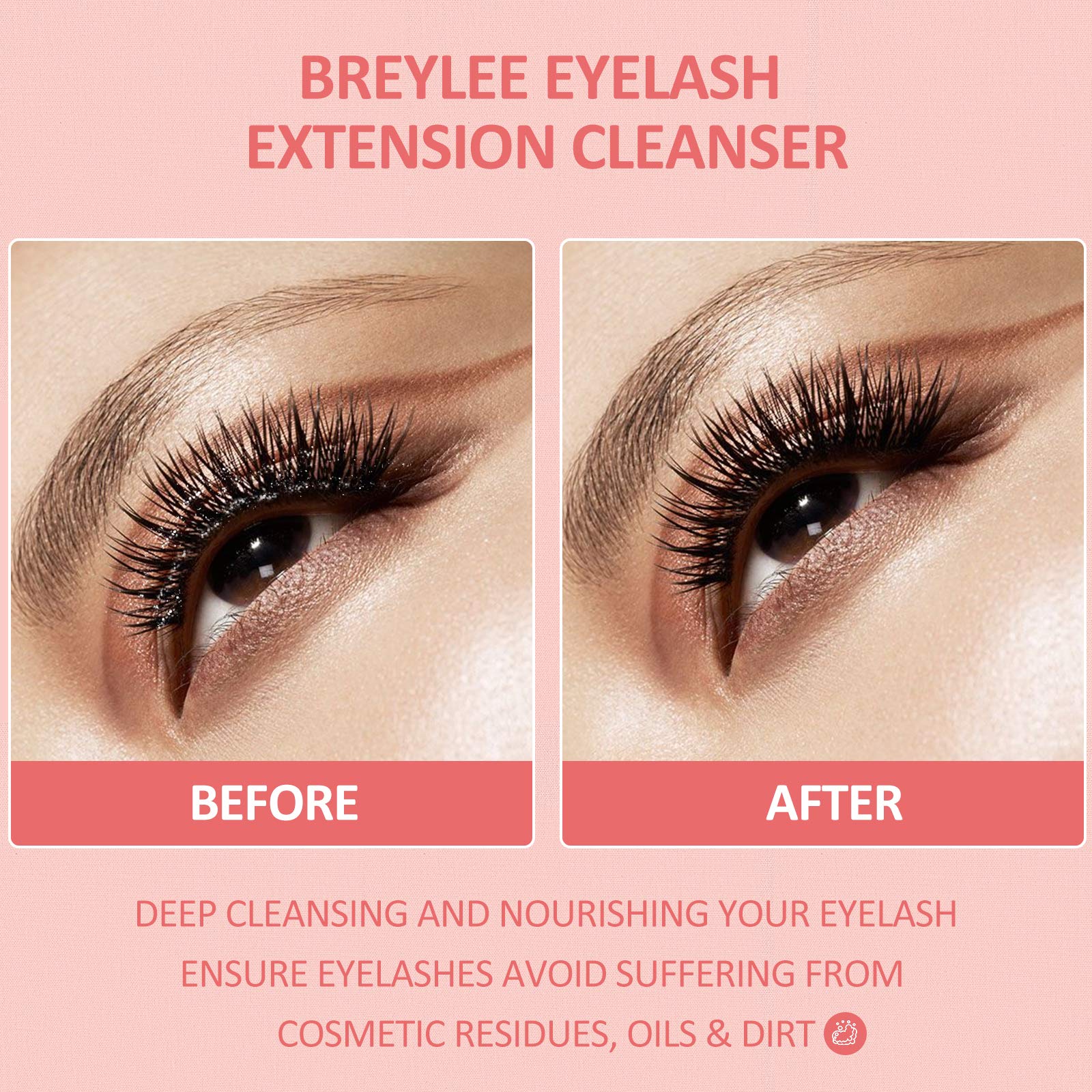 BREYLEE eyelash-extension foam close-up demonstrates gentle cleansing for sensitive eyes.
