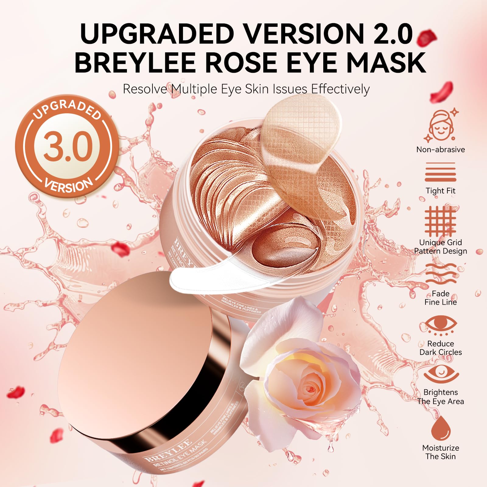 BREYLEE Rose Eye Mask close-up reveals soft fabric and hyaluronic-rich formula for soothing hydration.