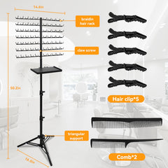 BRIAN & DANY height-adjustable stand supports ergonomic styling during braiding sessions.