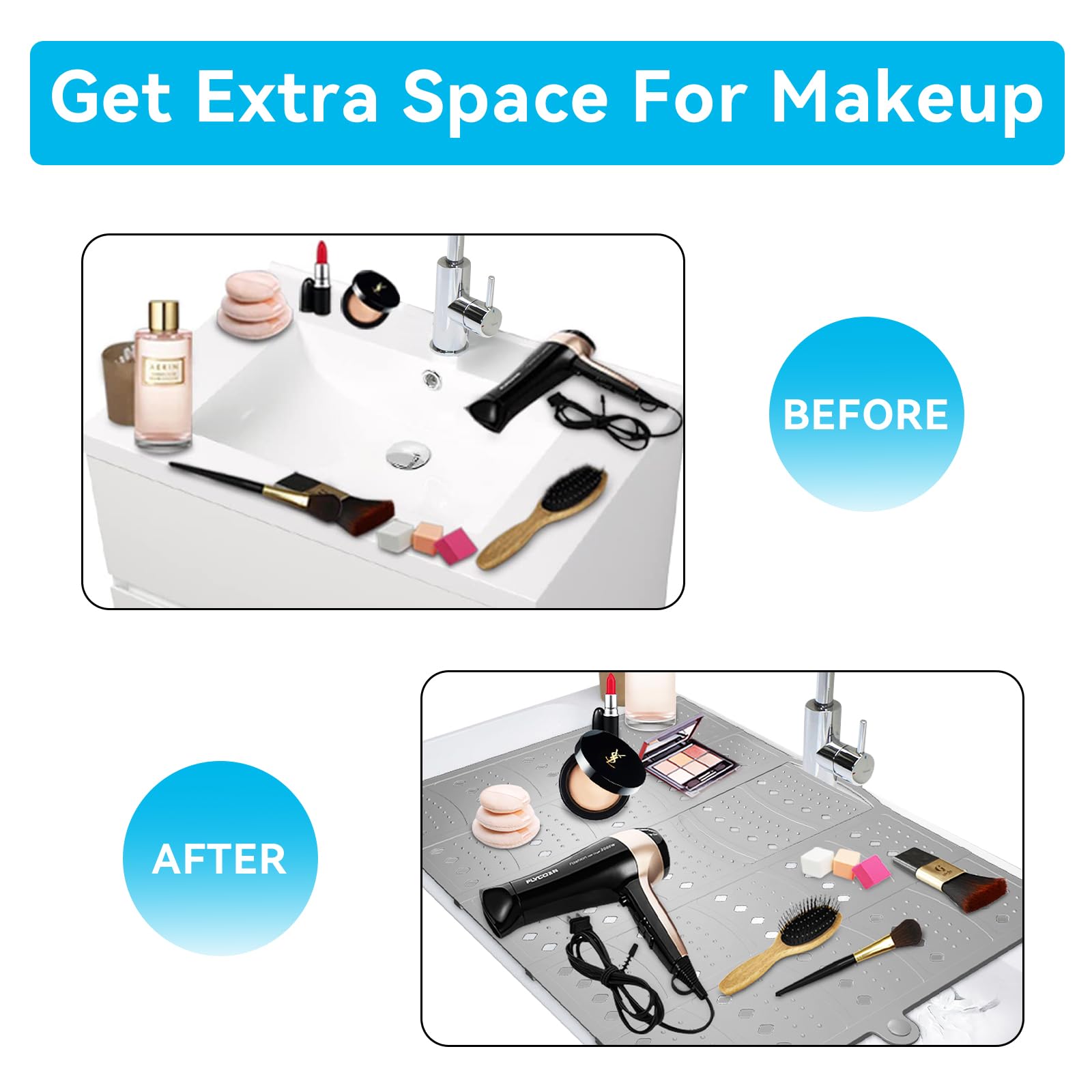 BRIAN & DANY makeup mat sink cover open storage demonstrates organized makeup tools