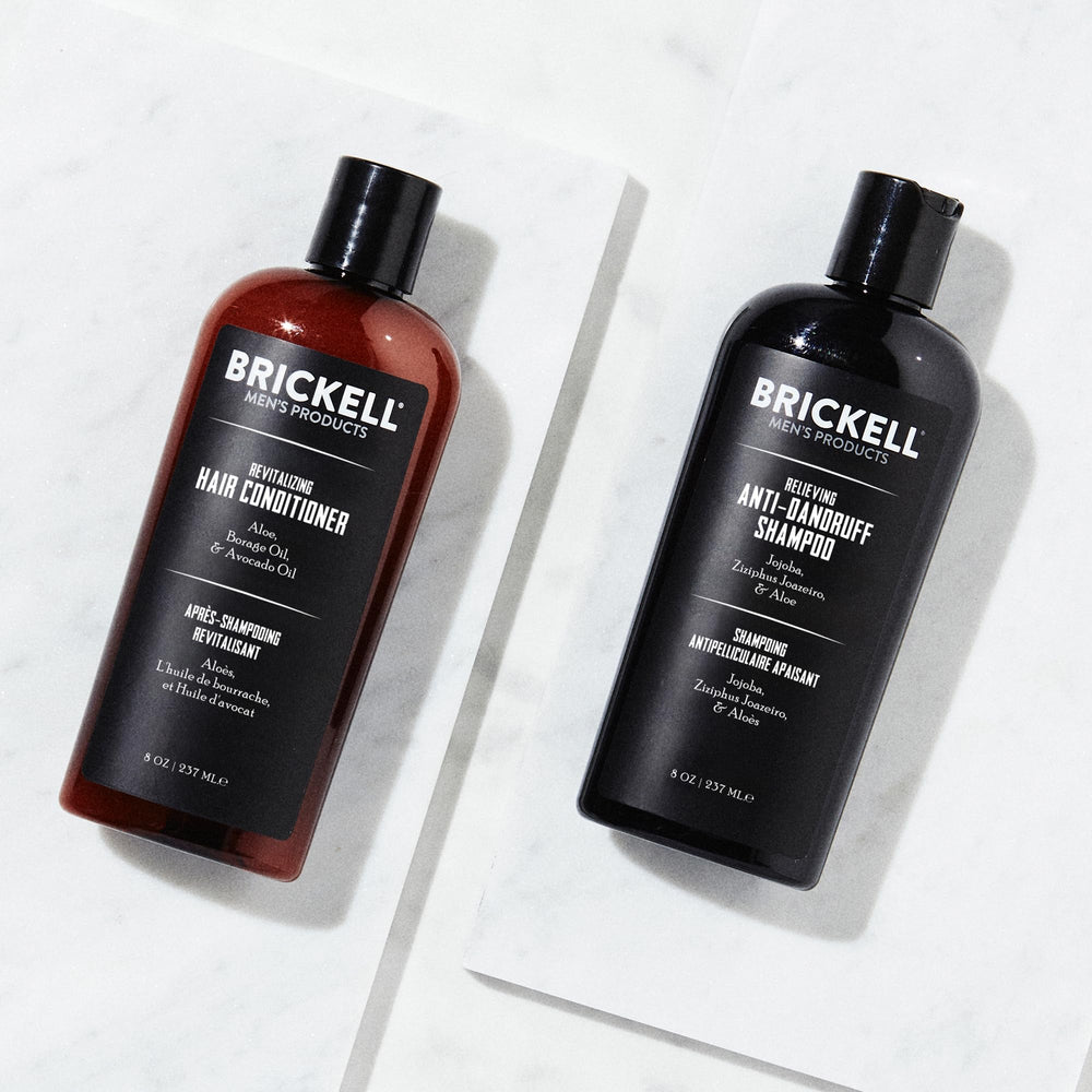 Brickell Daily Relieving Conditioner pump conveys easy application and soothing scalp benefits.