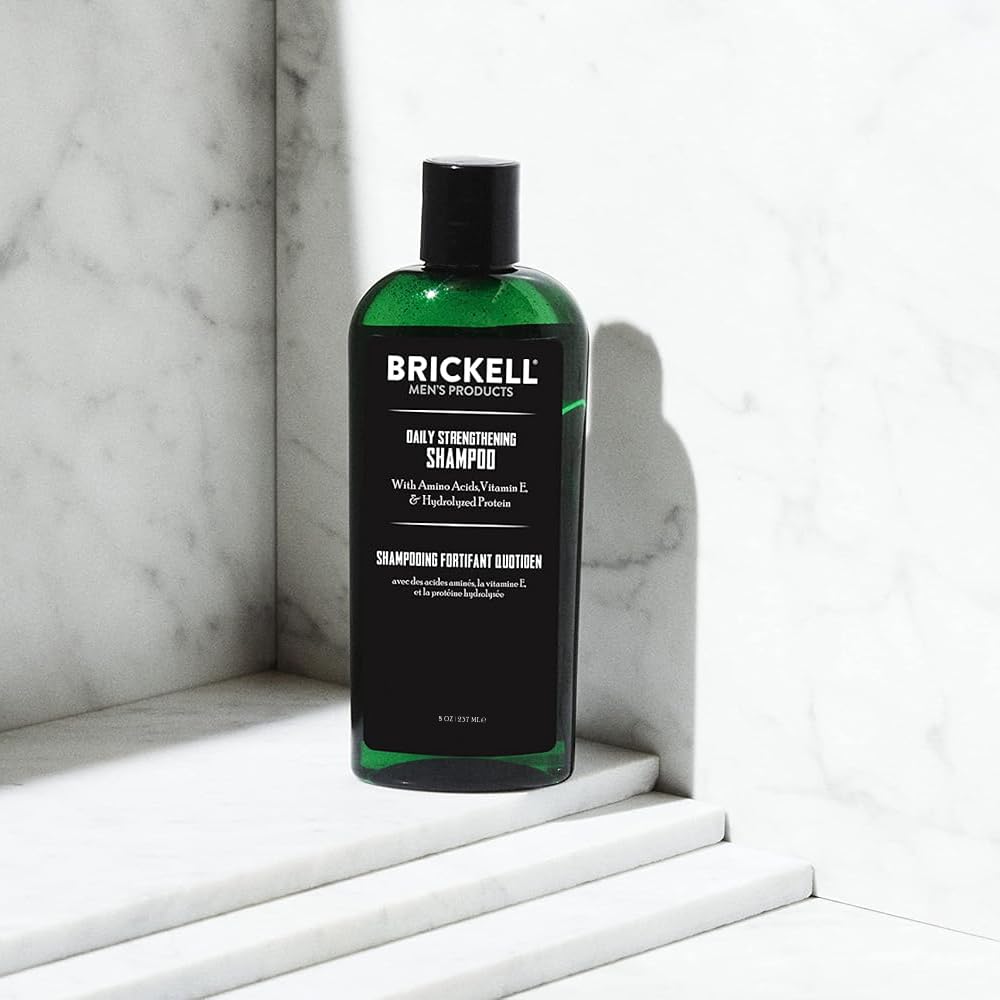 Brickell Daily Strengthening Shampoo aloe vera closeup emphasizes nourishing vitamins for hair vitality.