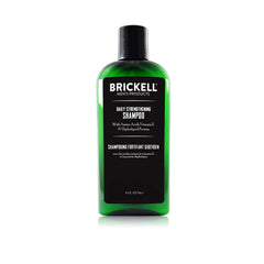 Brickell Daily Strengthening Shampoo bottle pour shows refreshing mint scent and scalp refreshment.