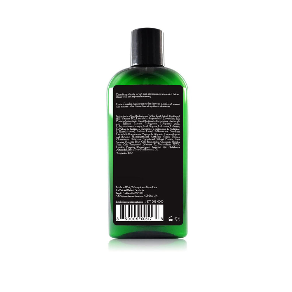 Brickell Daily Strengthening Shampoo mint-tea-tree closeup highlights natural ingredients supporting scalp comfort.
