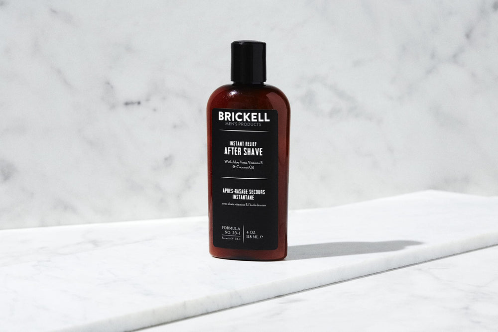 Brickell Instant Relief aftershave application demonstrates fast-absorbing hydration on skin.