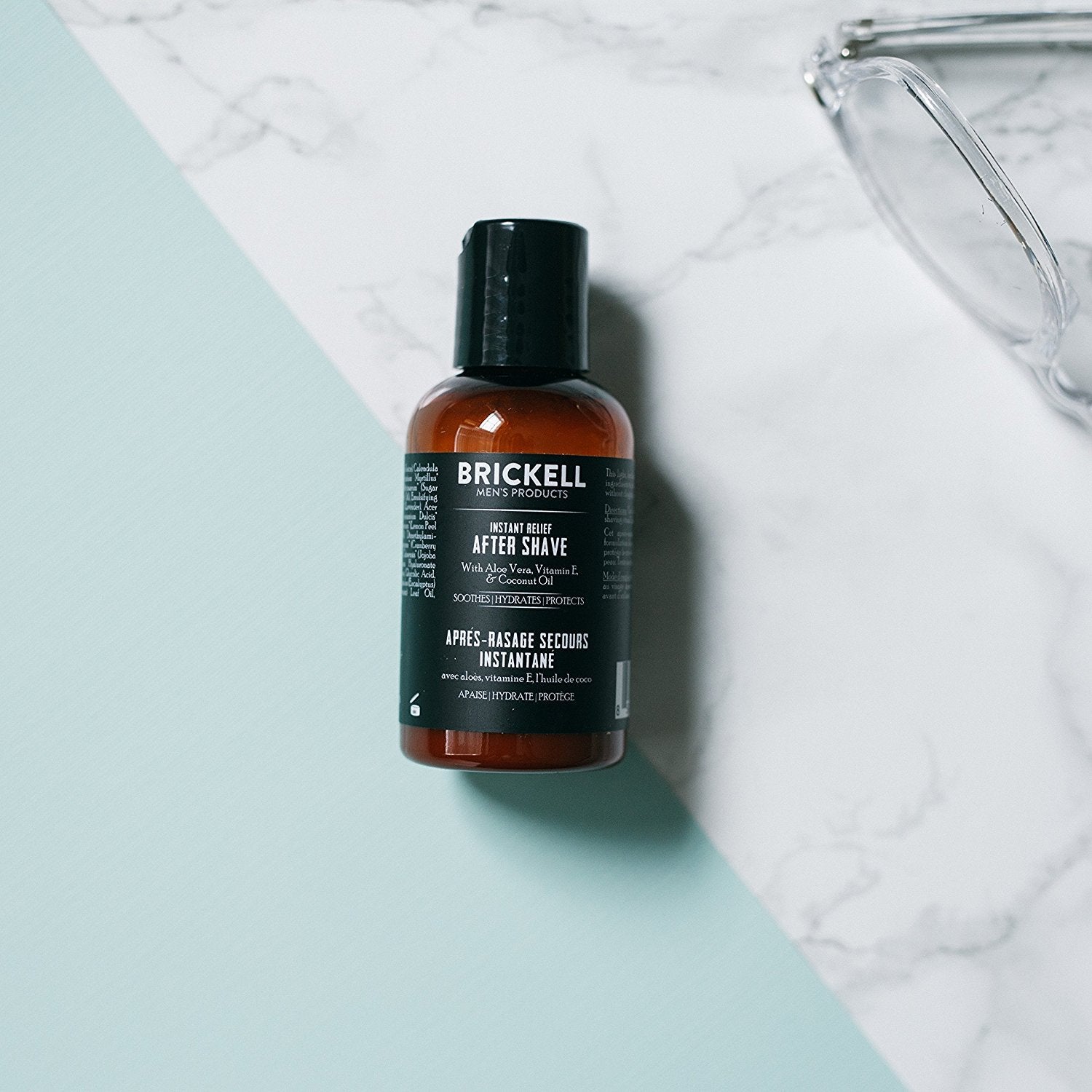 Brickell Instant Relief aftershave application on jawline demonstrates quick absorption and soothing hydration.