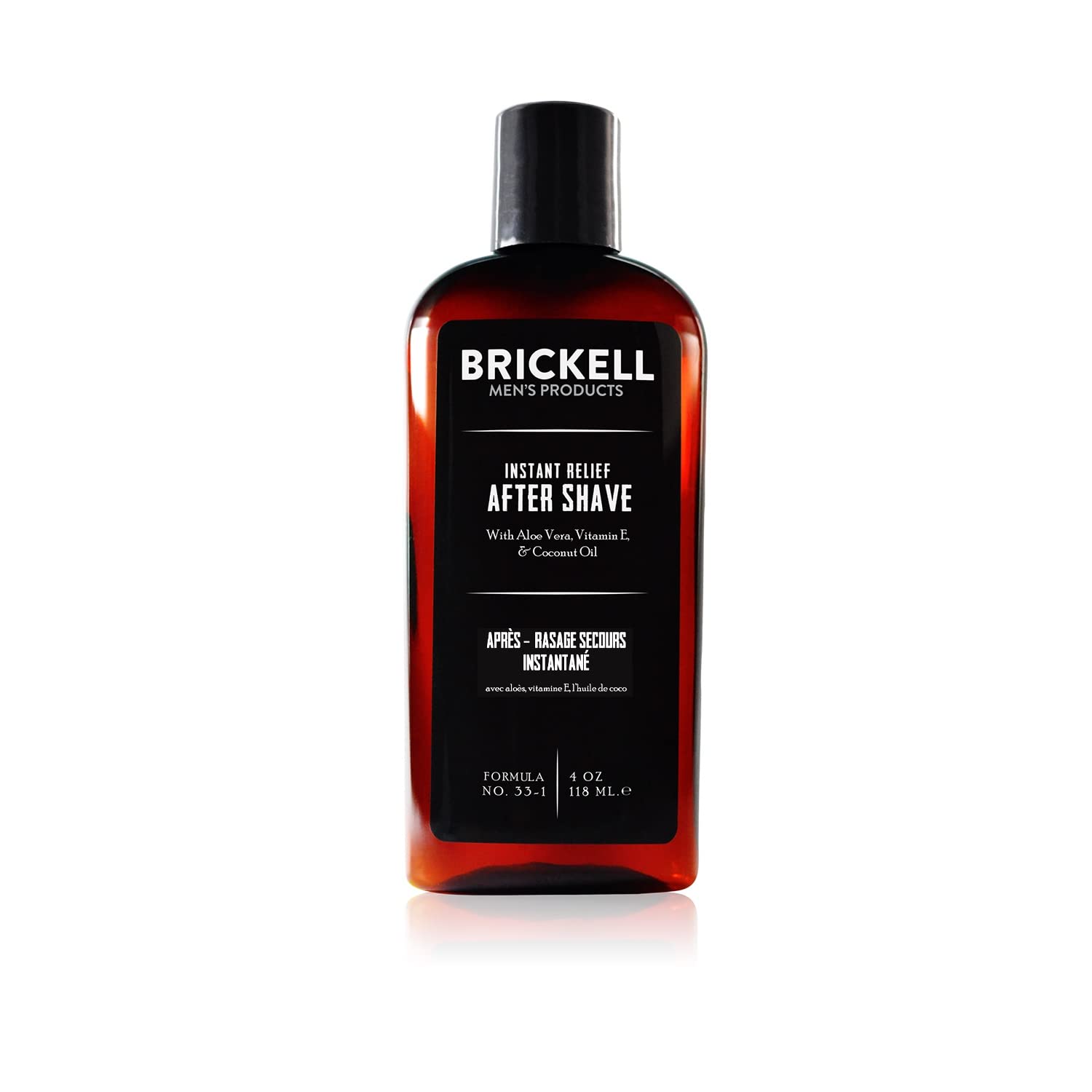 Brickell Instant Relief Aftershave bottle demonstrates soothing post-shave care.
