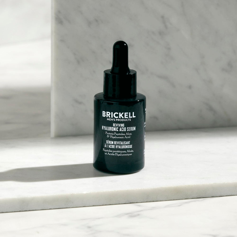 Brickell Men’s Anti-Aging Serum bottle closeup ideal for a simple day routine.