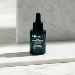 Brickell Men’s Anti-Aging Serum bottle closeup ideal for a simple day routine.
