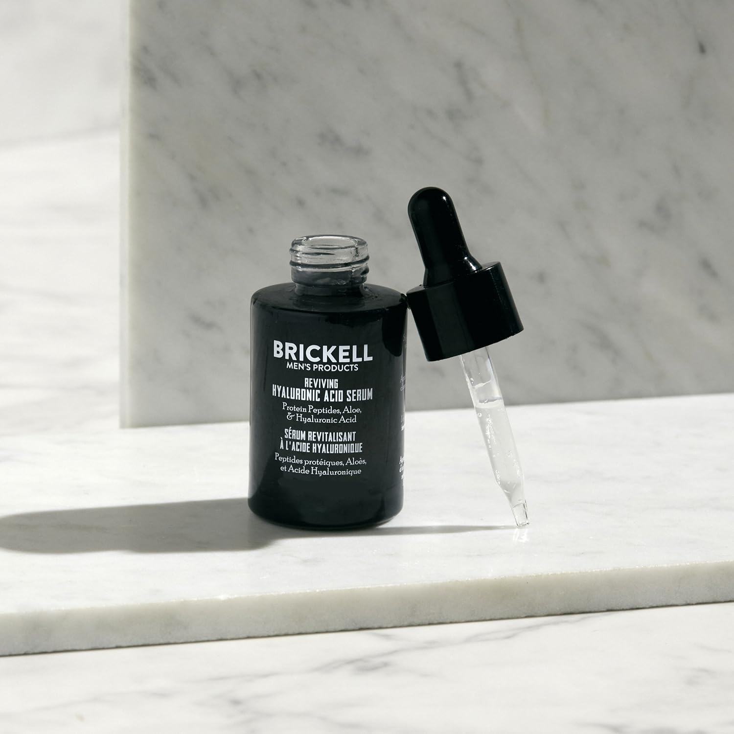 Brickell Men’s Serum ingredients natural aloe closeup highlighting soothing formula.