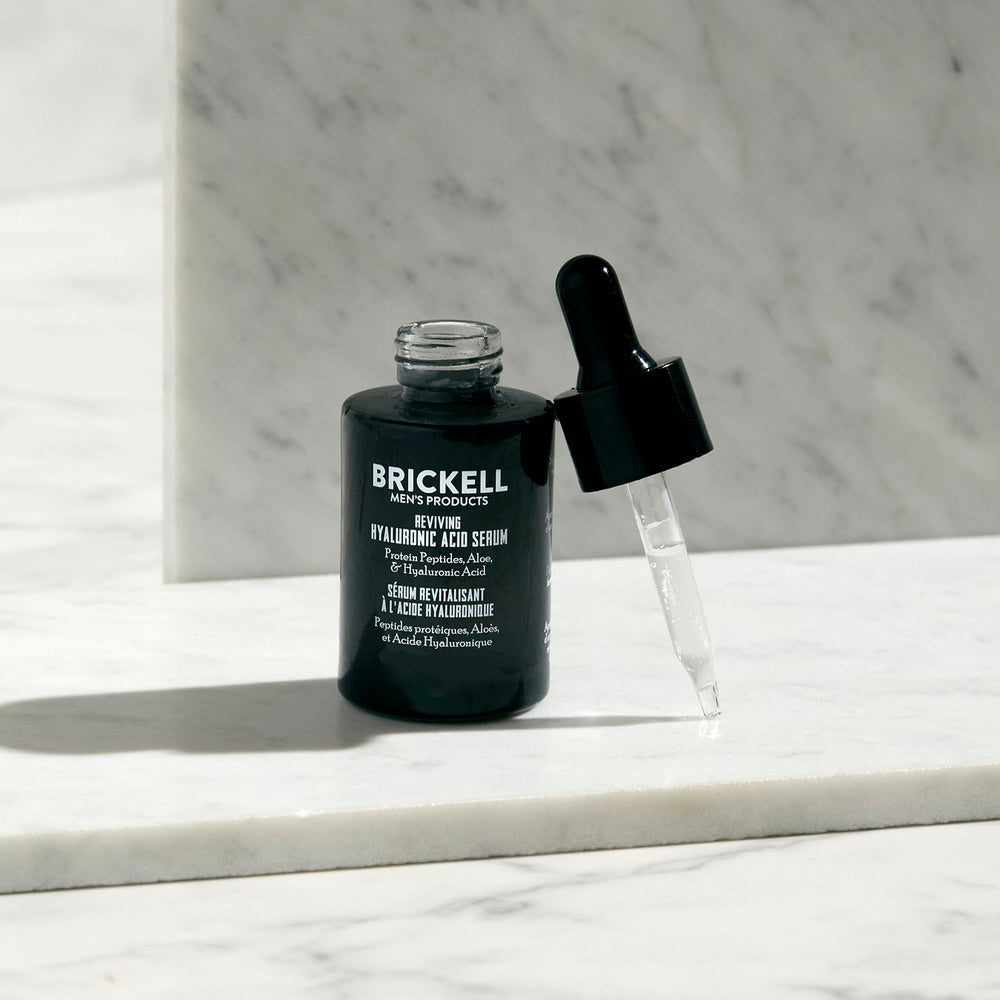 Brickell Men’s Serum ingredients natural aloe closeup highlighting soothing formula.