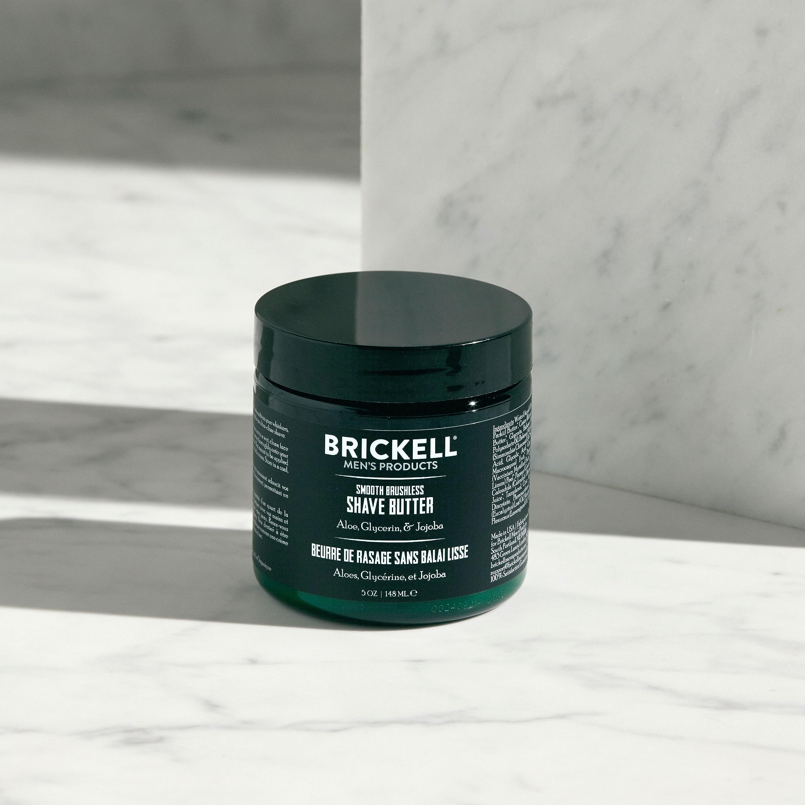 Brickell Men's Smooth Brushless Shave Butter packaging front signals easy daily use