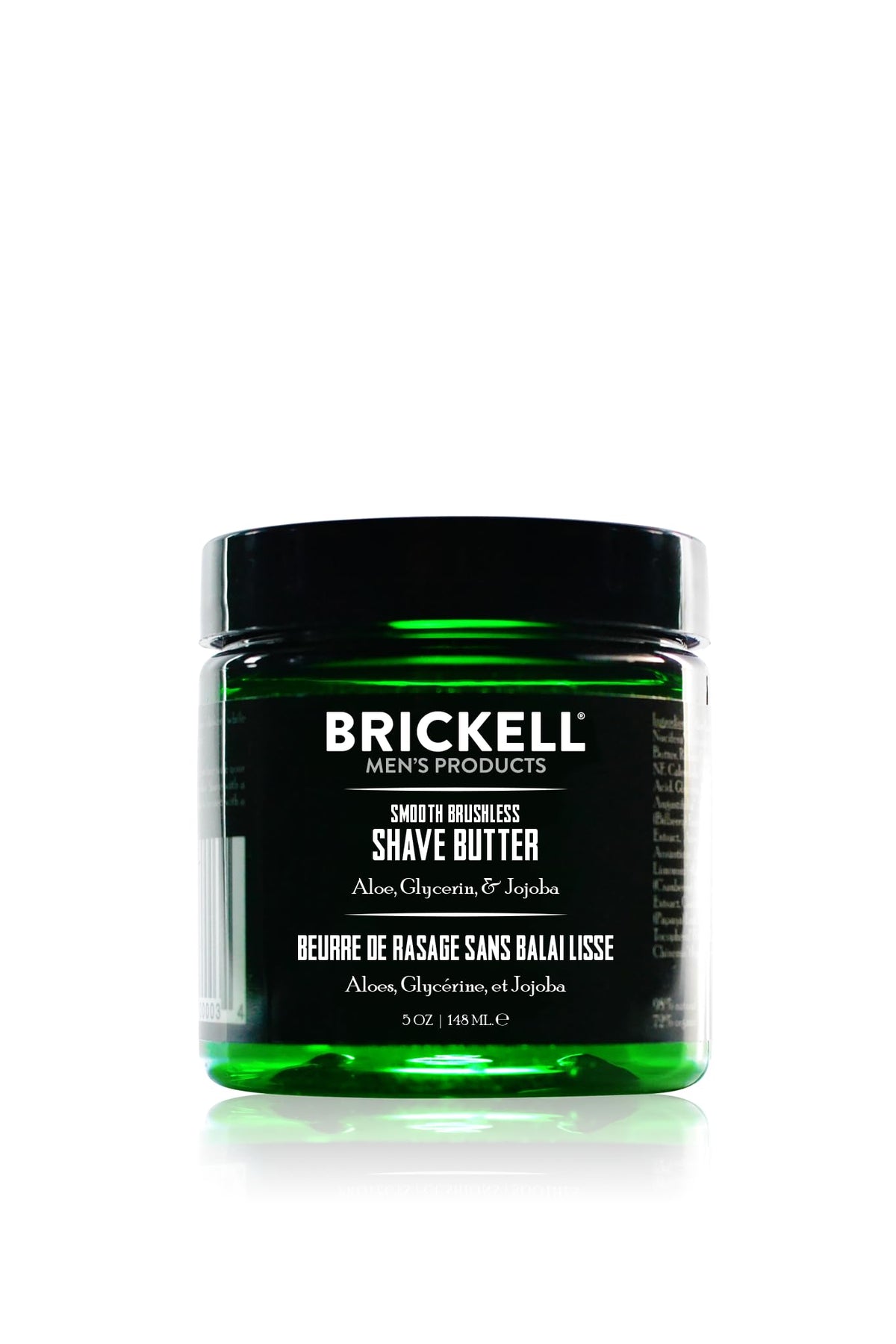 Brickell Men's Smooth Brushless Shave Butter tub top view highlights premium natural formula for close shave