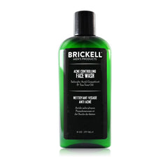Brickell Men's Acne Face Wash bottle closeup highlighting natural formula and 2% salicylic acid for clear pores
