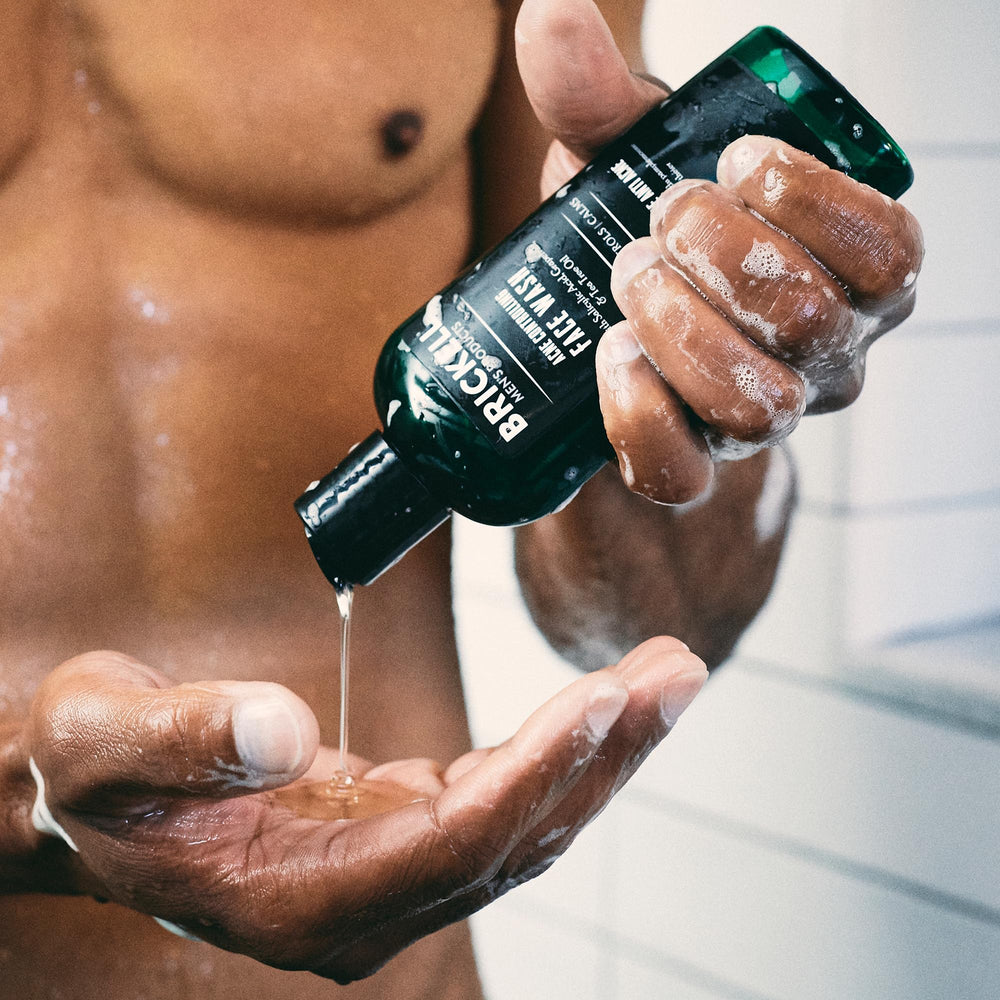 Brickell Men's Acne Face Wash foamy lather demonstrating gentle cleansing for blemish-prone skin