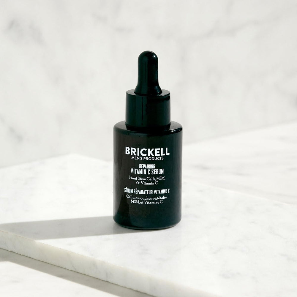 Brickell Men's Anti Aging Serum plant stem cells image emphasizes natural ingredients.